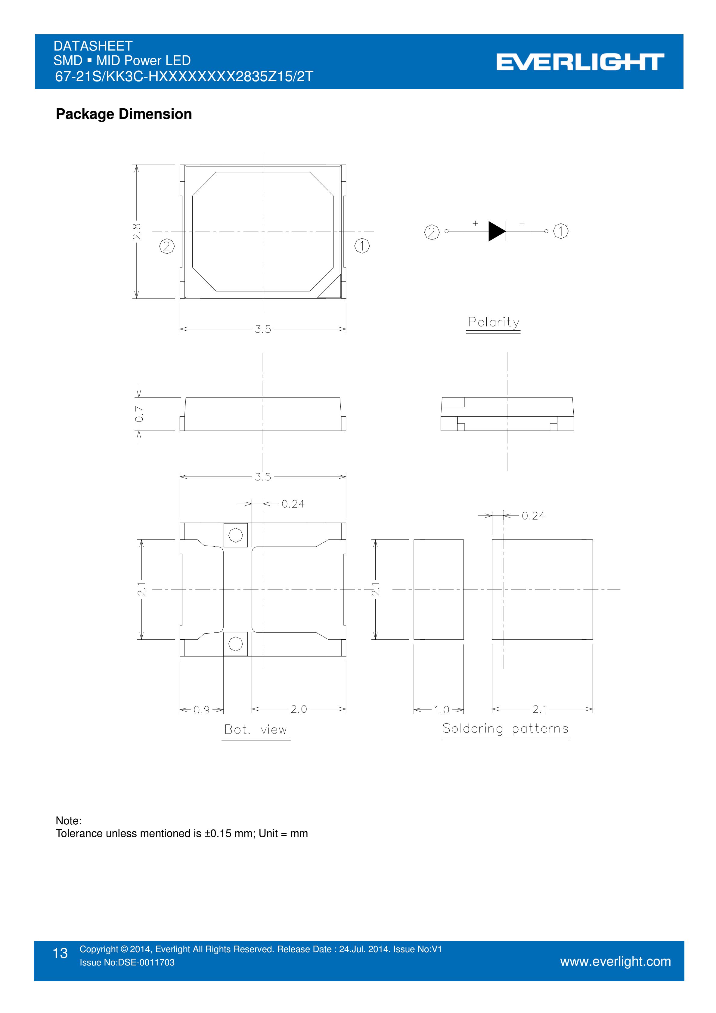 EVERLIGHT 2835 SMD LED 67-21S/KK3C-H2727QAR32835Z15/2T Datasheet