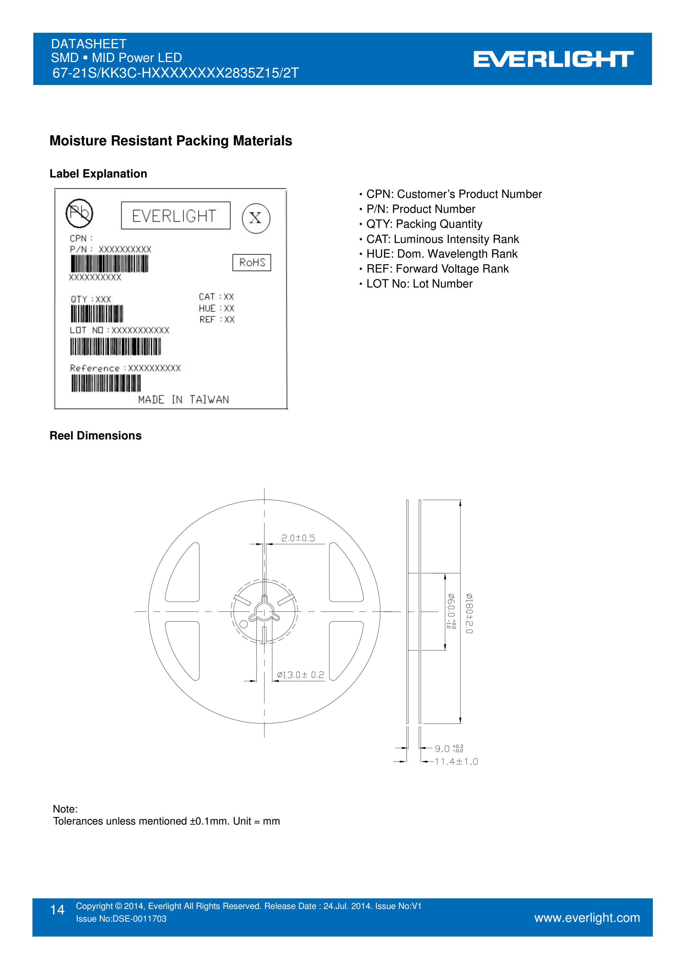 EVERLIGHT 2835 SMD LED 67-21S/KK3C-H2727QAR32835Z15/2T Datasheet