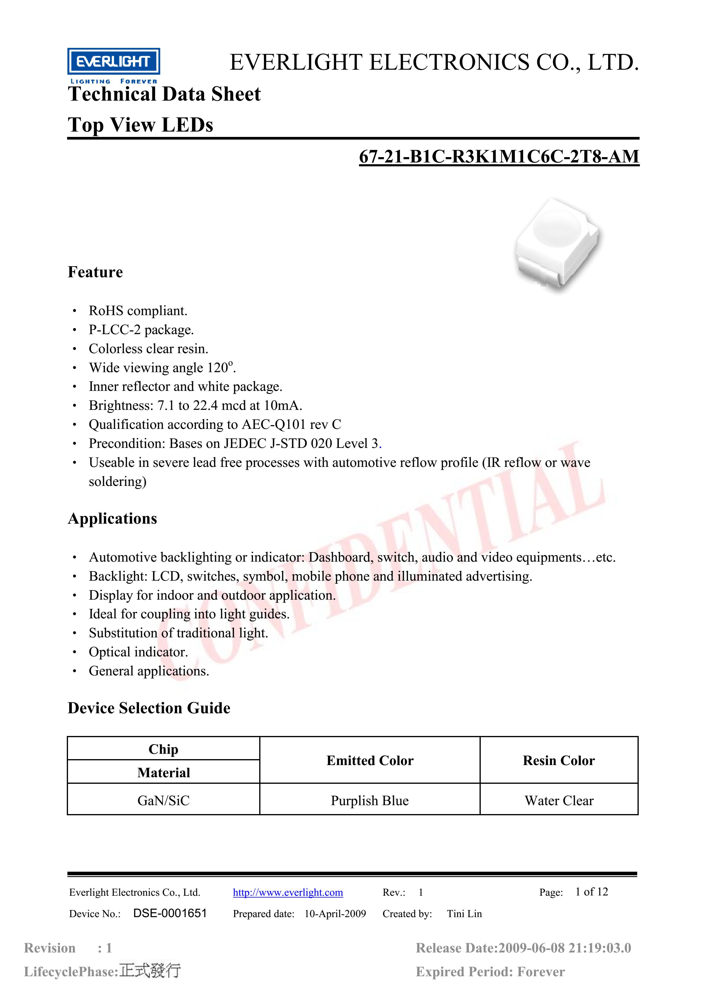 everlight 3528 Car lamp beads 67-21-B1C-R3K1M1C6C-2T8-AM blue Datasheet