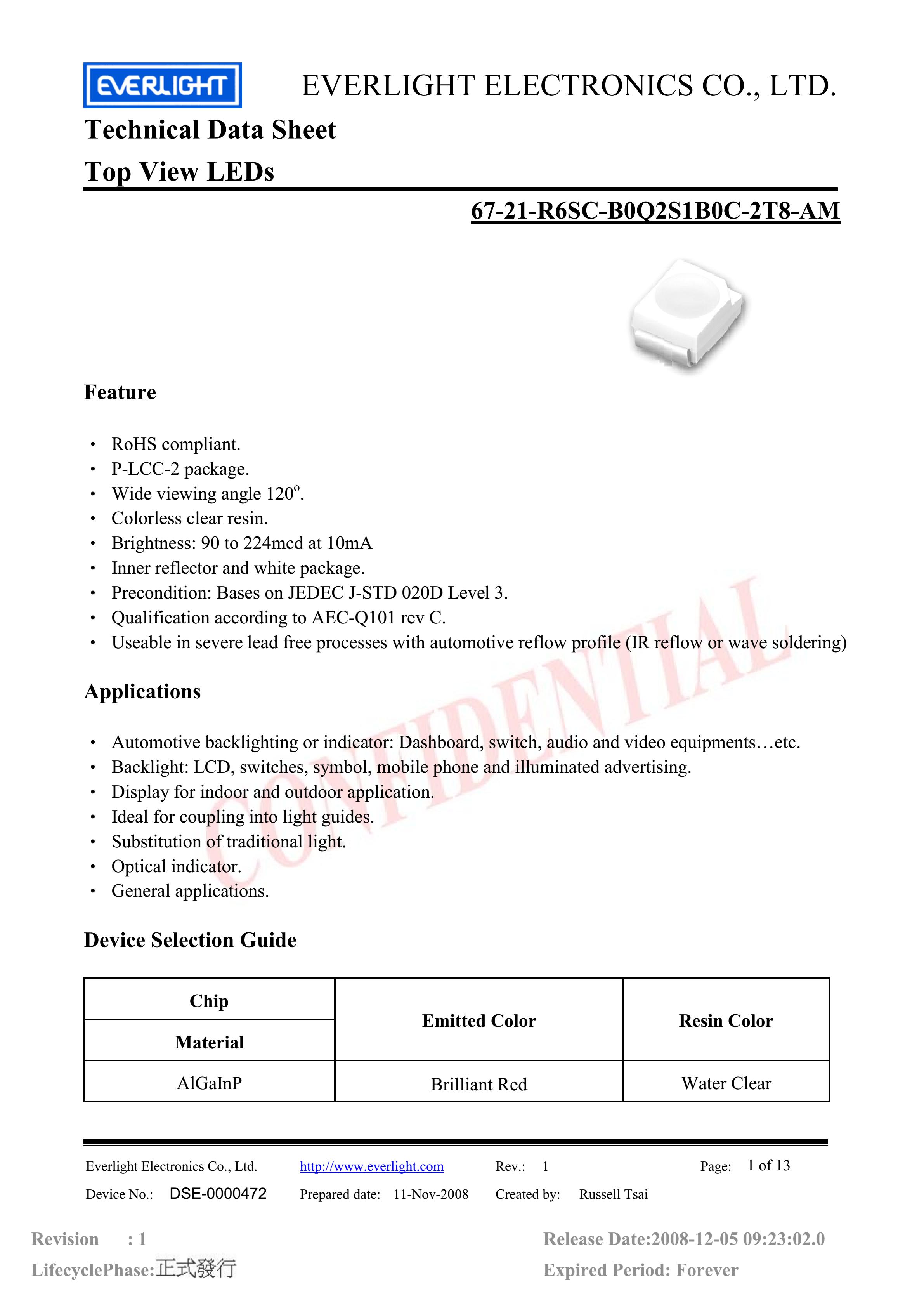 Everlight 3528 Car lamp beads 67-21-R6SC-B0Q2S1B0C-2T8-AM Red Datasheet