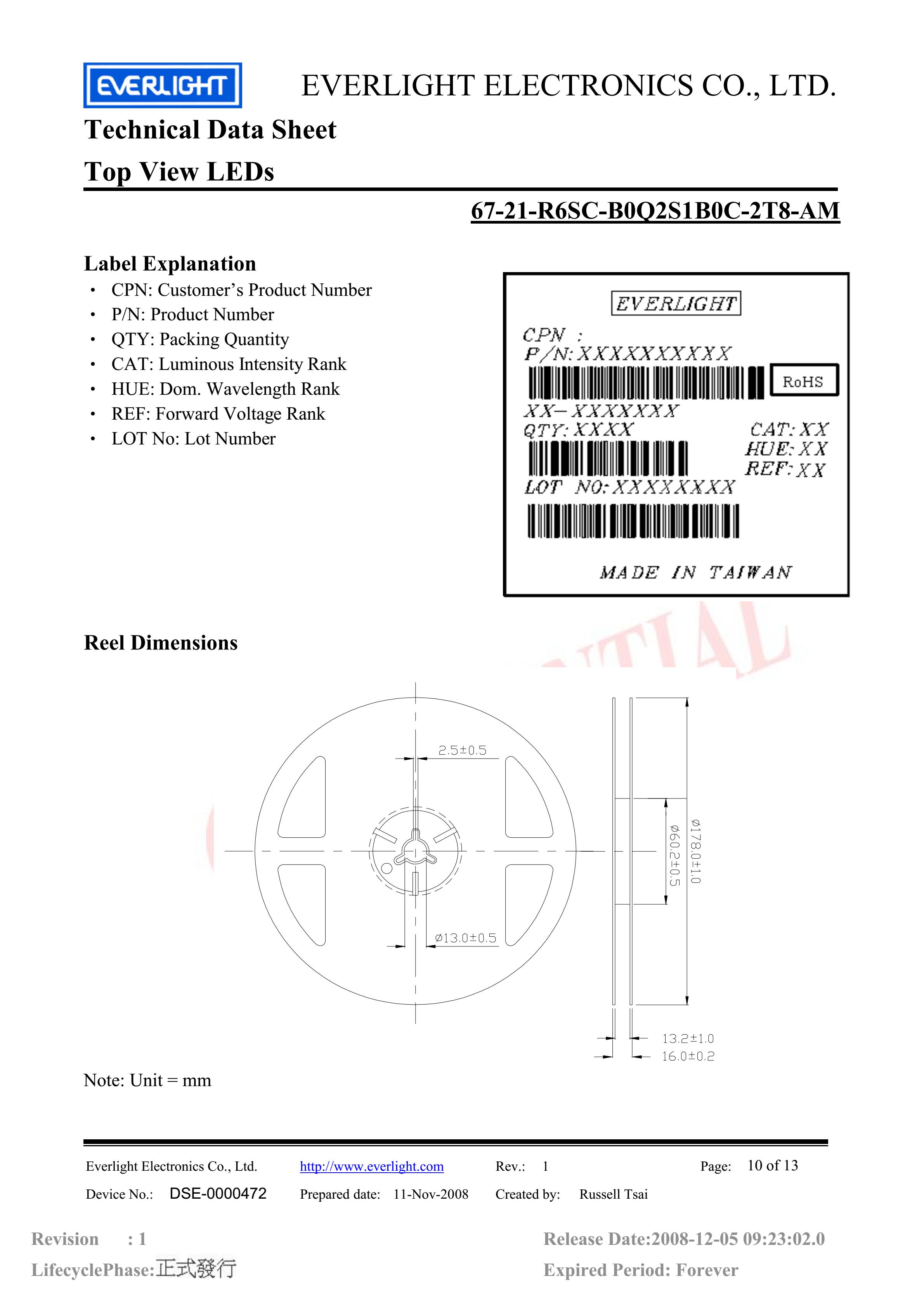 Everlight 3528 Car lamp beads 67-21-R6SC-B0Q2S1B0C-2T8-AM Red Datasheet