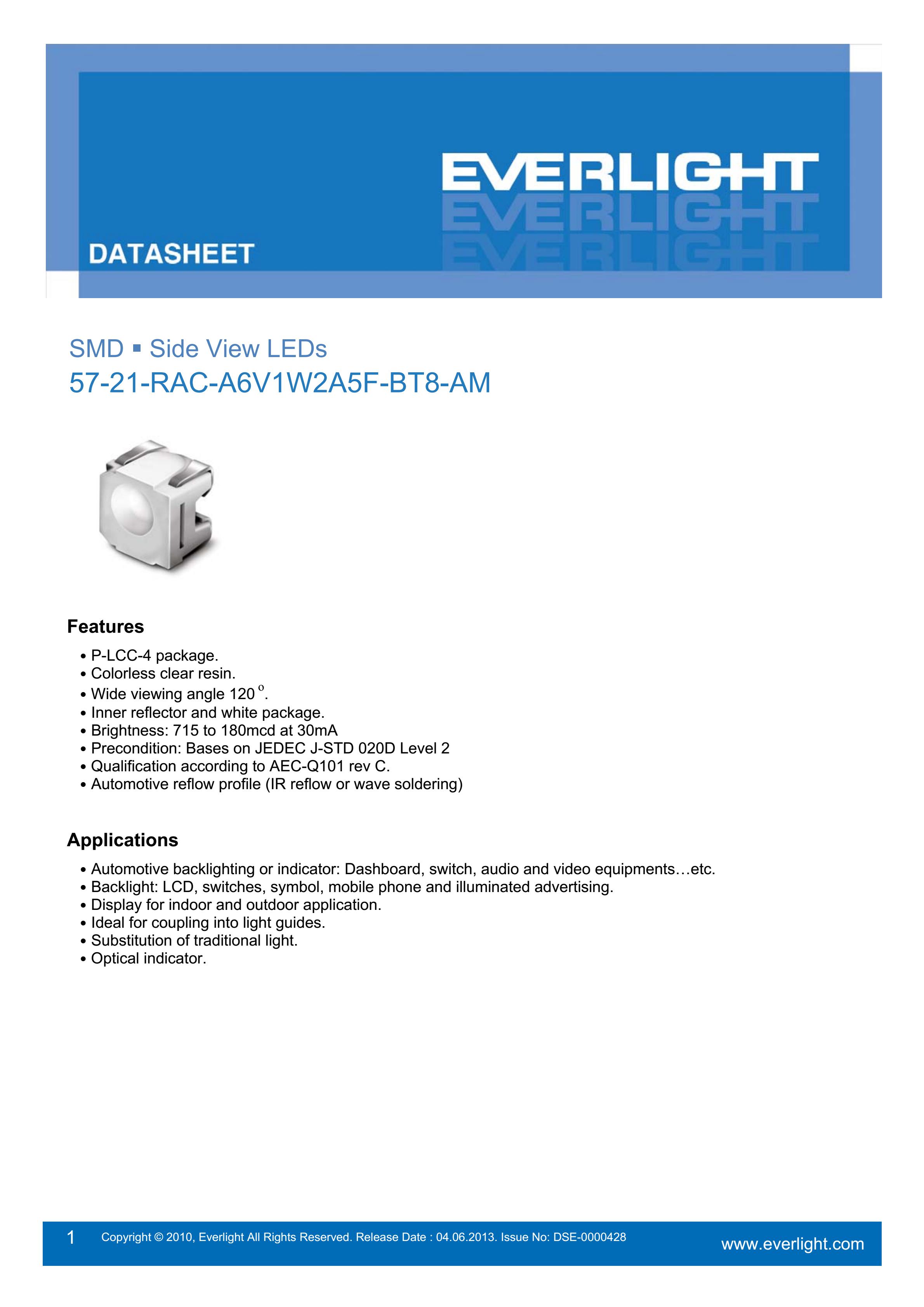 Everlight Car lamp beads  57-21-RAC-A6V1W2A5F-BT8-AM Datasheet