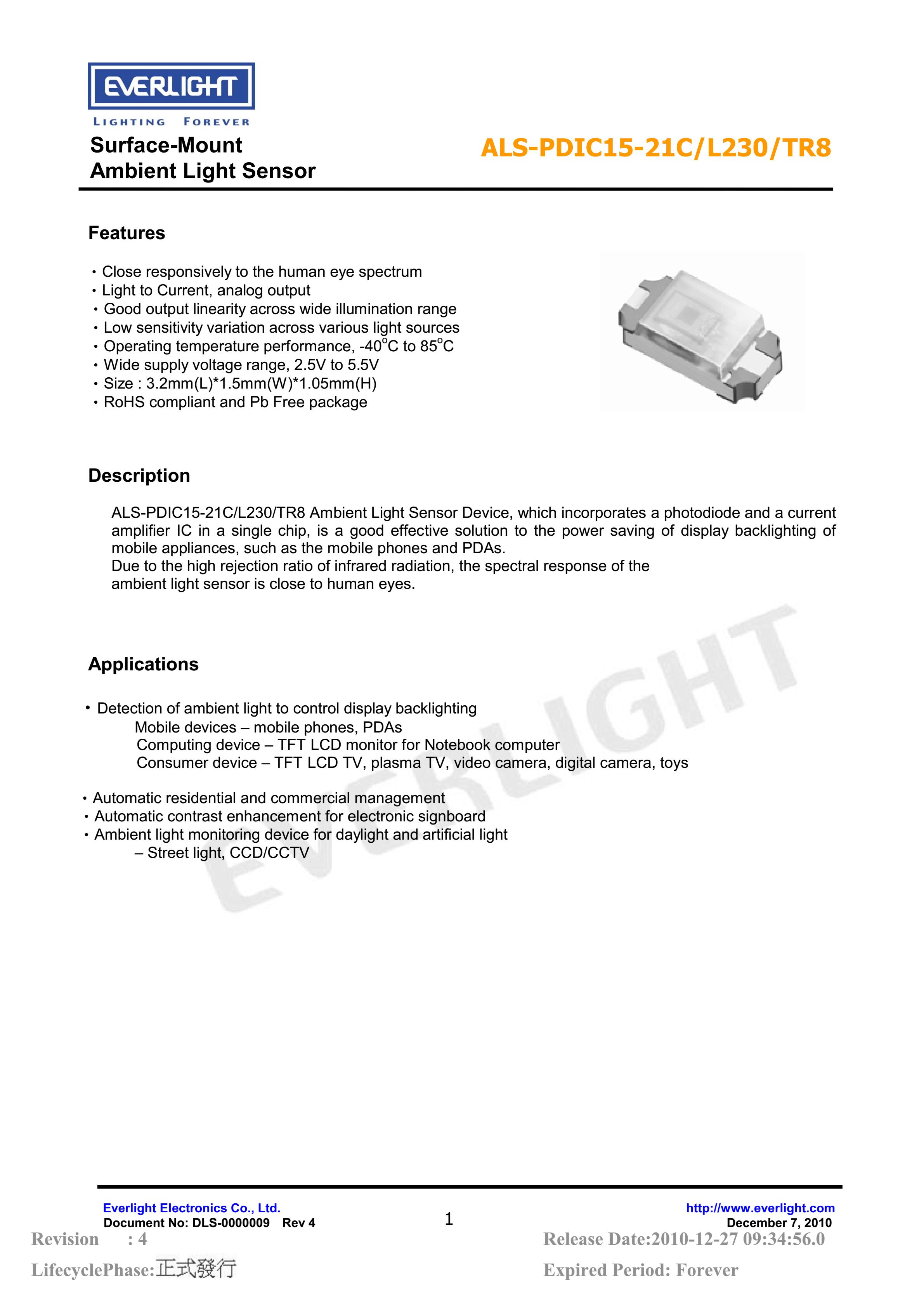 EVERLIGHT SMD 1206 AMBIENT LIGHT SENSOR ALS-PDIC15-21C/L230/TR8 Datasheet