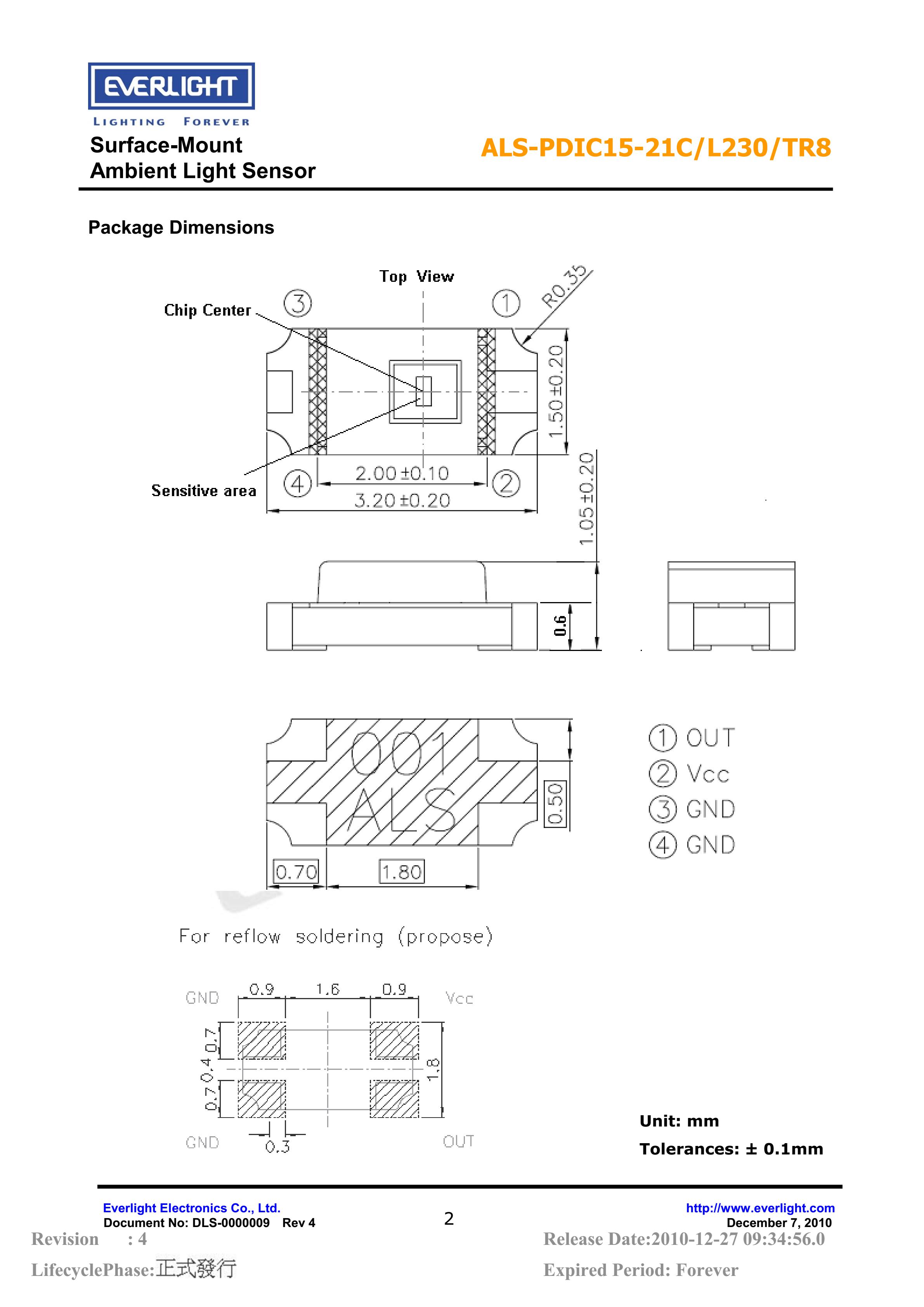 EVERLIGHT SMD 1206 AMBIENT LIGHT SENSOR ALS-PDIC15-21C/L230/TR8 Datasheet