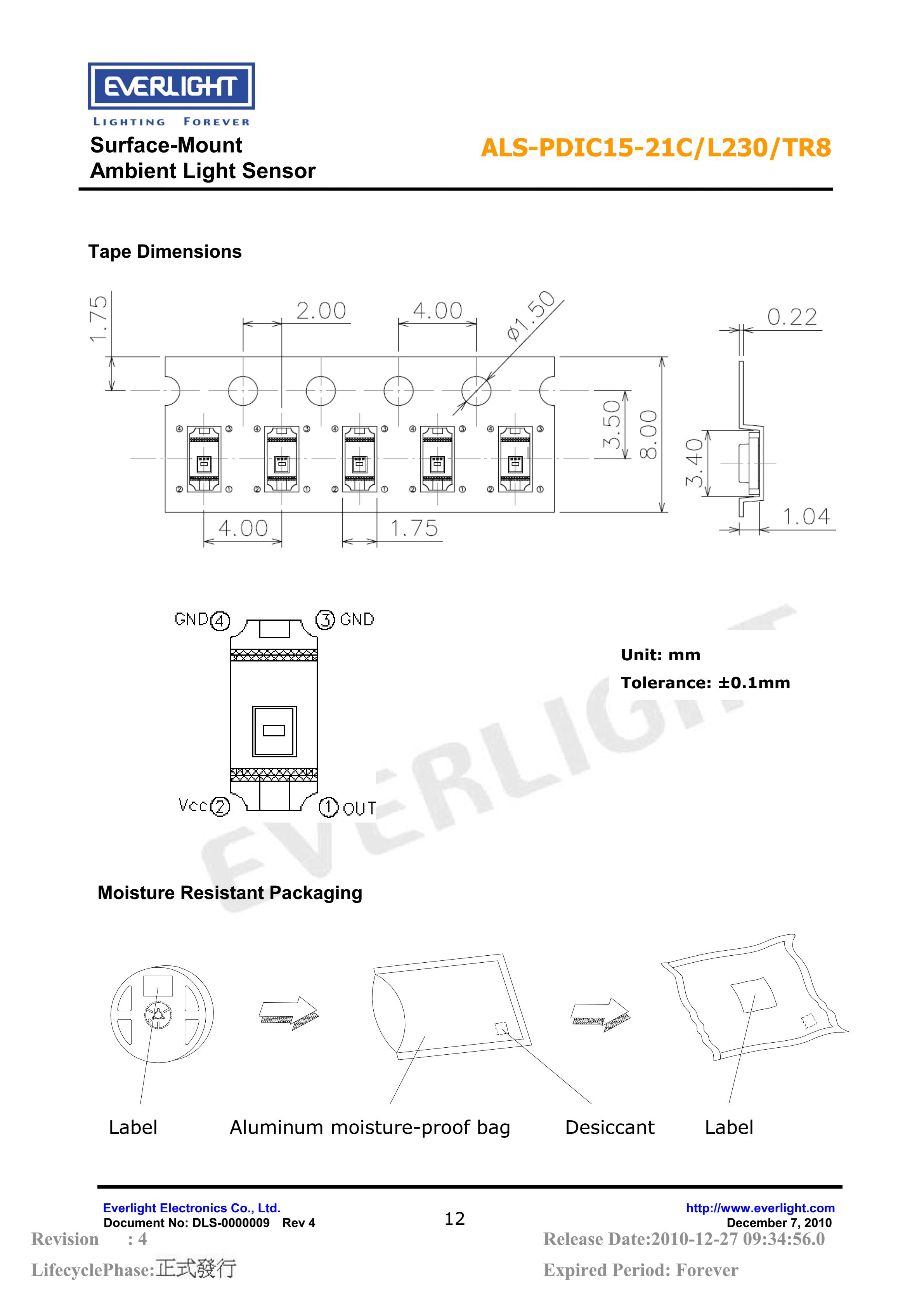 EVERLIGHT SMD 1206 AMBIENT LIGHT SENSOR ALS-PDIC15-21C/L230/TR8 Datasheet