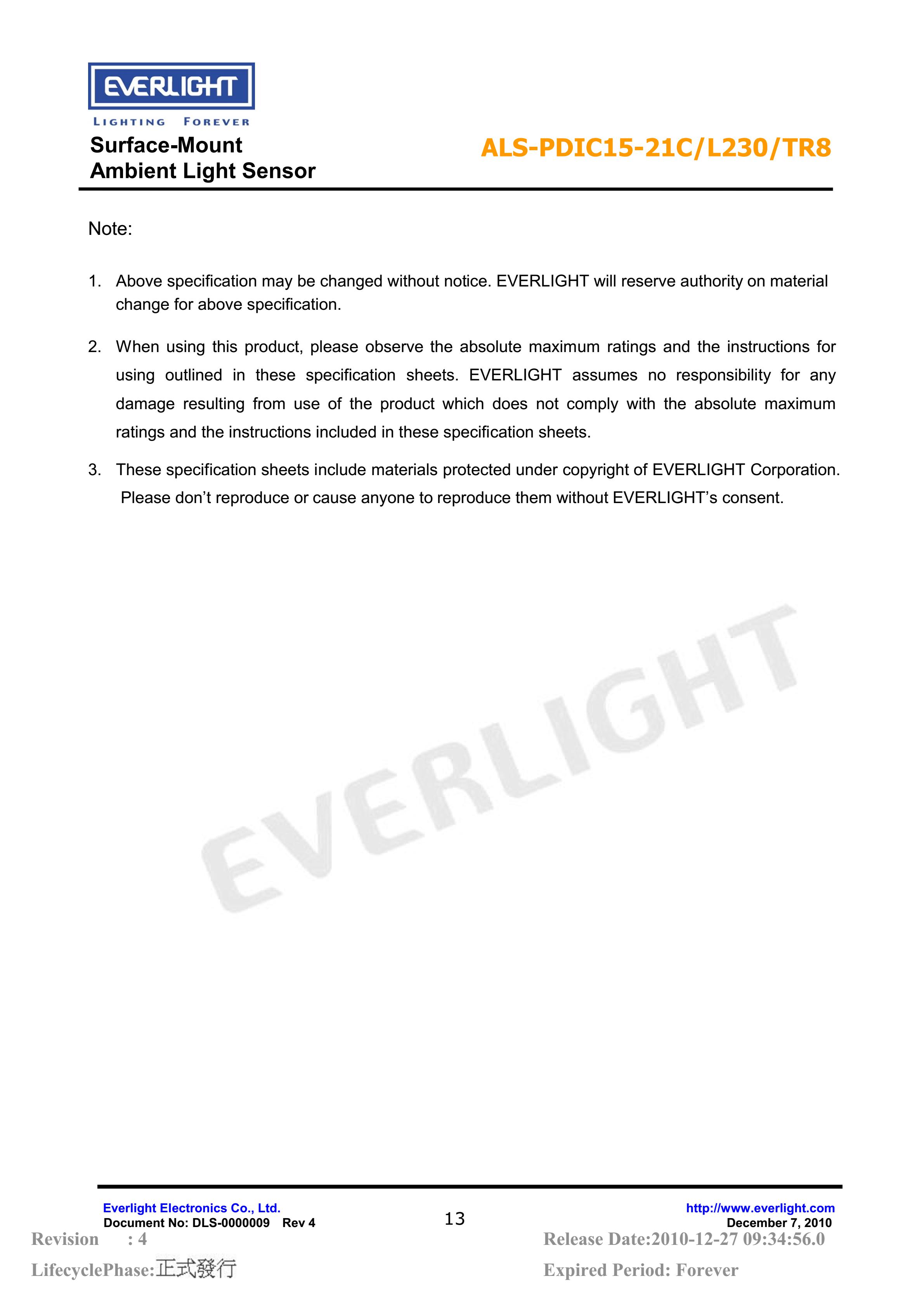 EVERLIGHT SMD 1206 AMBIENT LIGHT SENSOR ALS-PDIC15-21C/L230/TR8 Datasheet