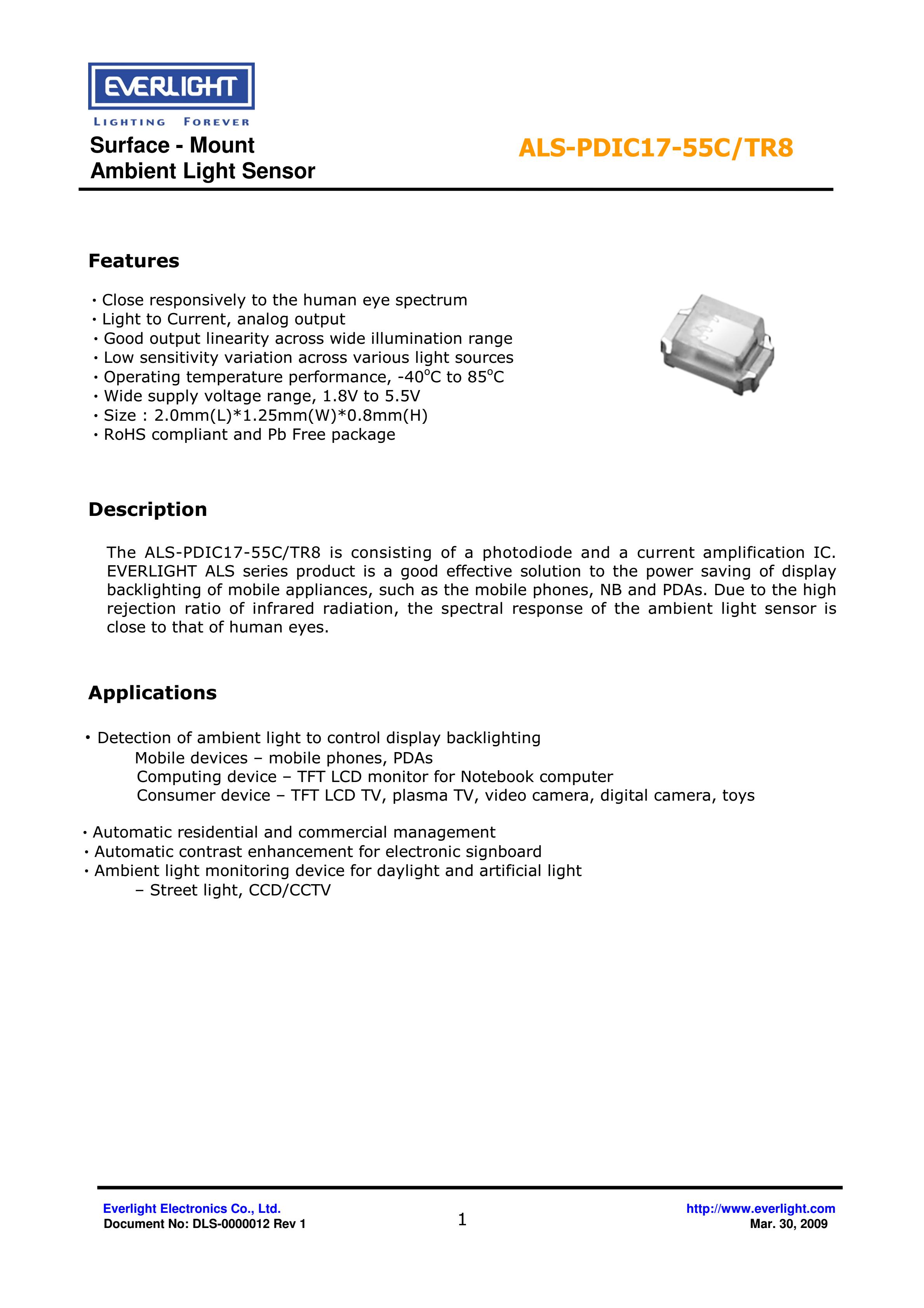 EVERLIGHT SMD 0805 AMBIENT LIGHT SENSOR ALS-PDIC17-55C/TR8 Datasheet