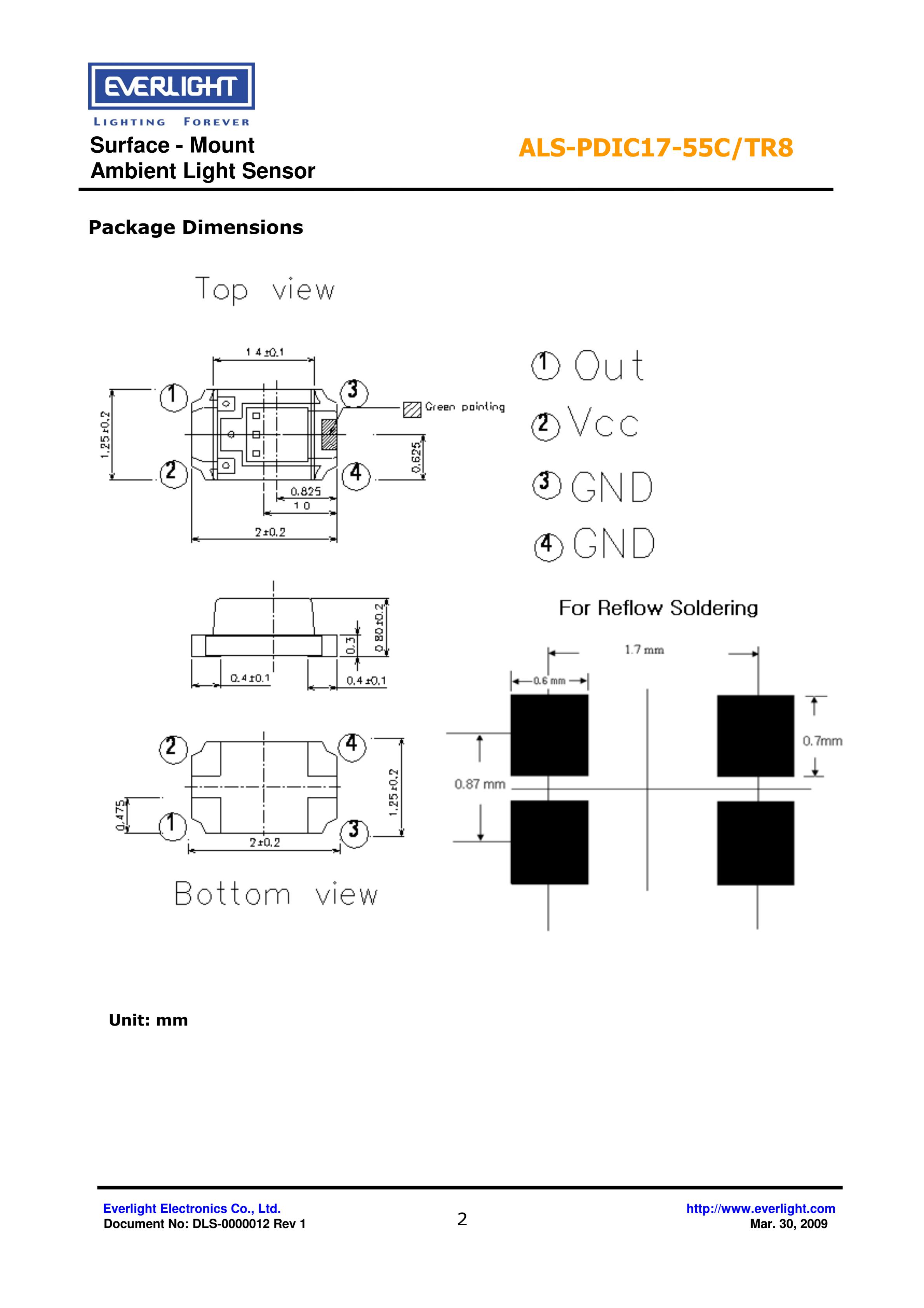 EVERLIGHT SMD 0805 AMBIENT LIGHT SENSOR ALS-PDIC17-55C/TR8 Datasheet