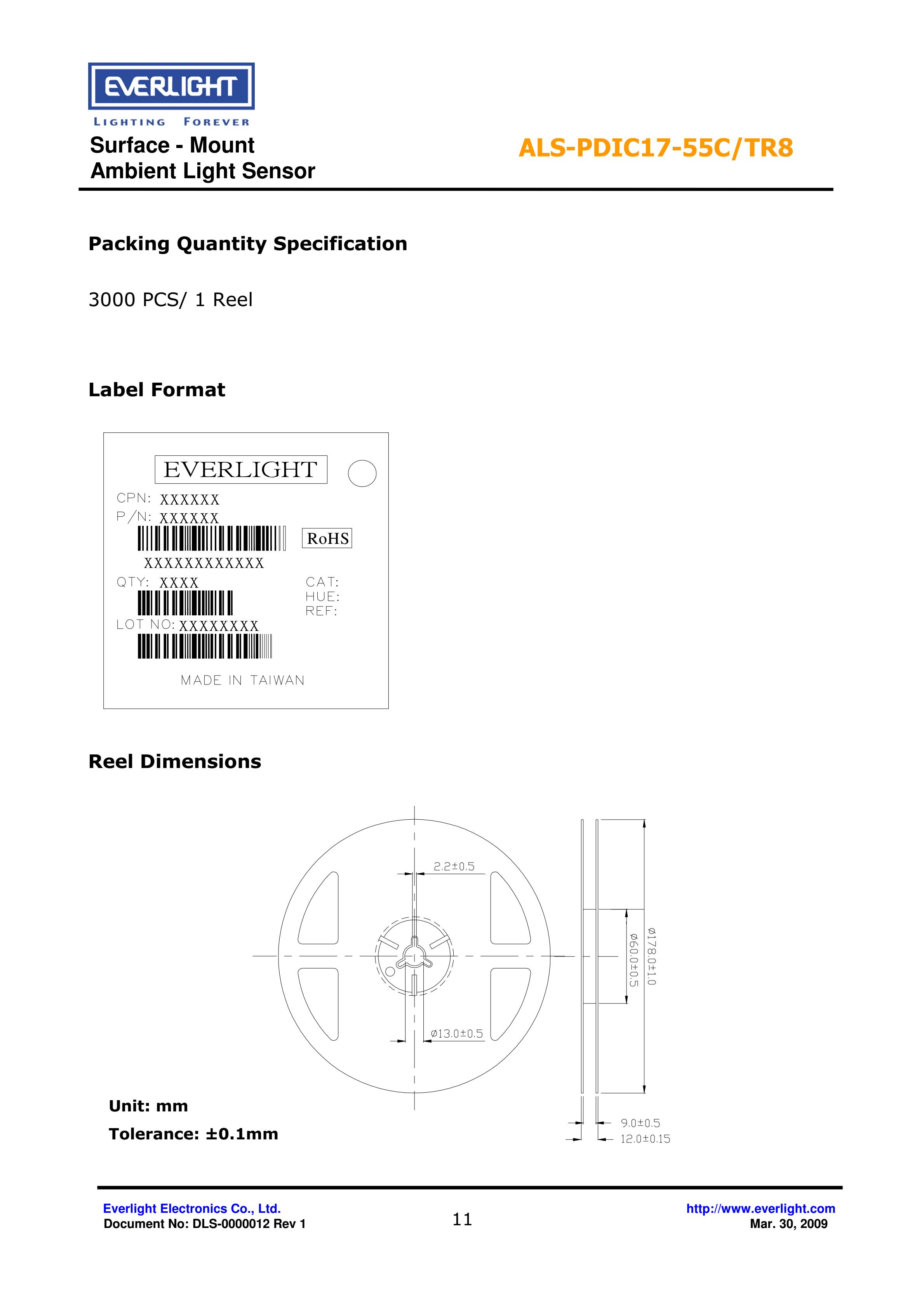 EVERLIGHT SMD 0805 AMBIENT LIGHT SENSOR ALS-PDIC17-55C/TR8 Datasheet