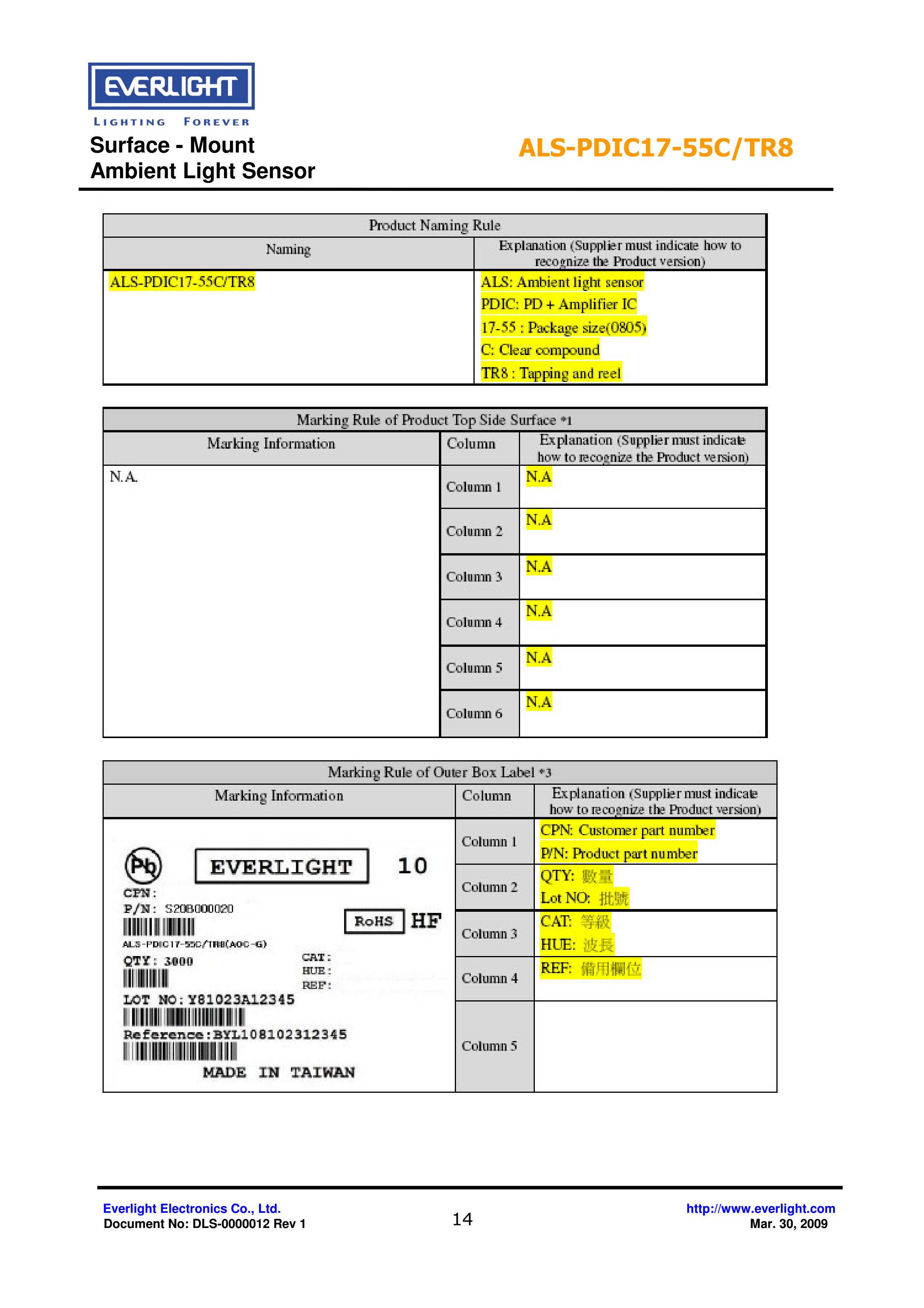 EVERLIGHT SMD 0805 AMBIENT LIGHT SENSOR ALS-PDIC17-55C/TR8 Datasheet