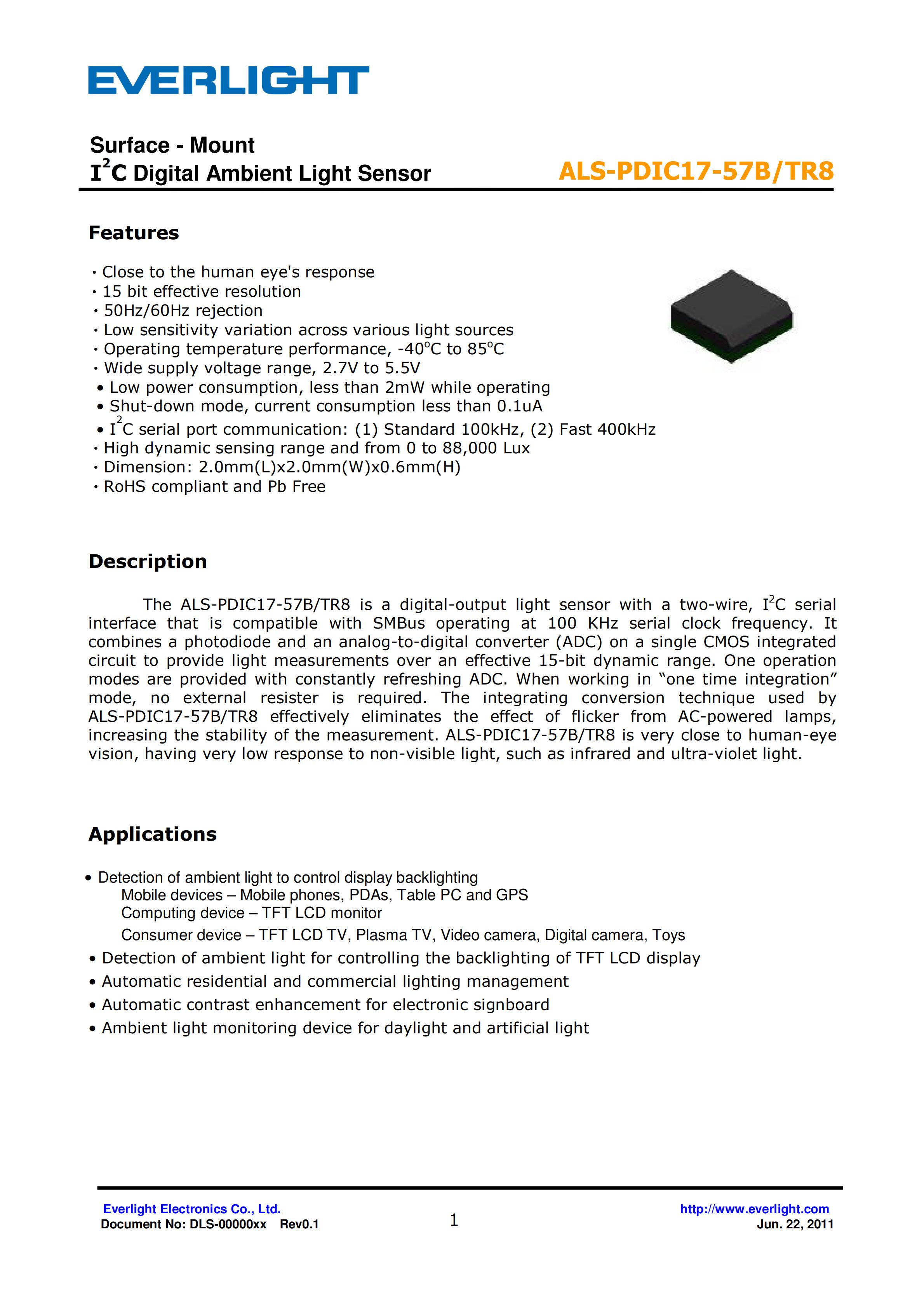 EVERLIGHT SMD 0805 AMBIENT LIGHT SENSOR ALS-PDIC17-57B/TR8 Datasheet