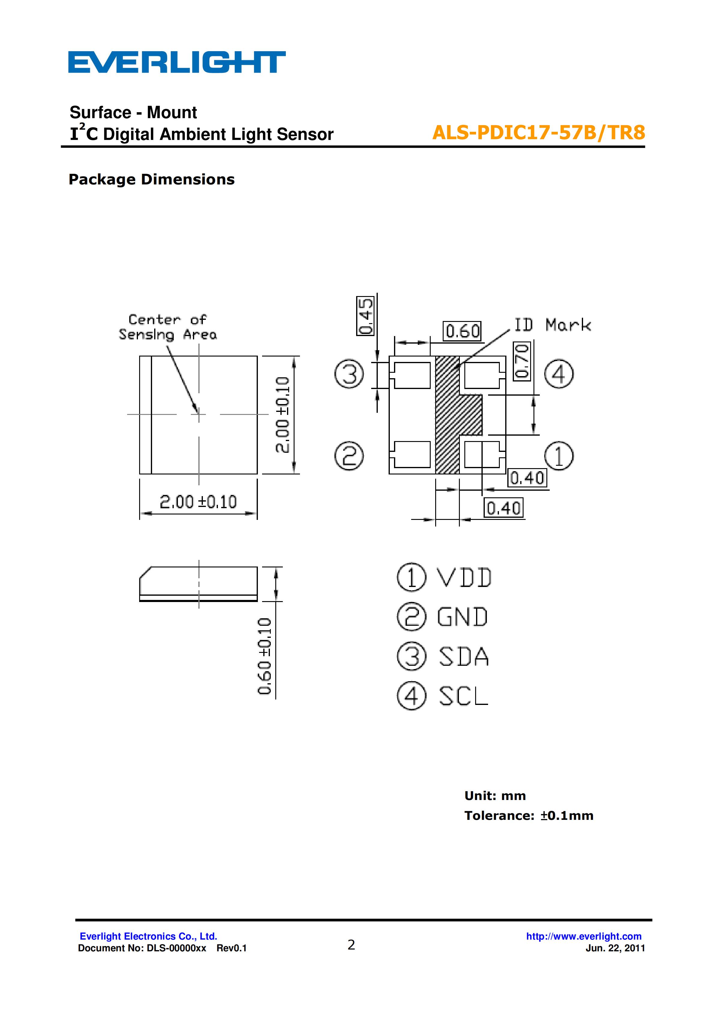 EVERLIGHT SMD 0805 AMBIENT LIGHT SENSOR ALS-PDIC17-57B/TR8 Datasheet