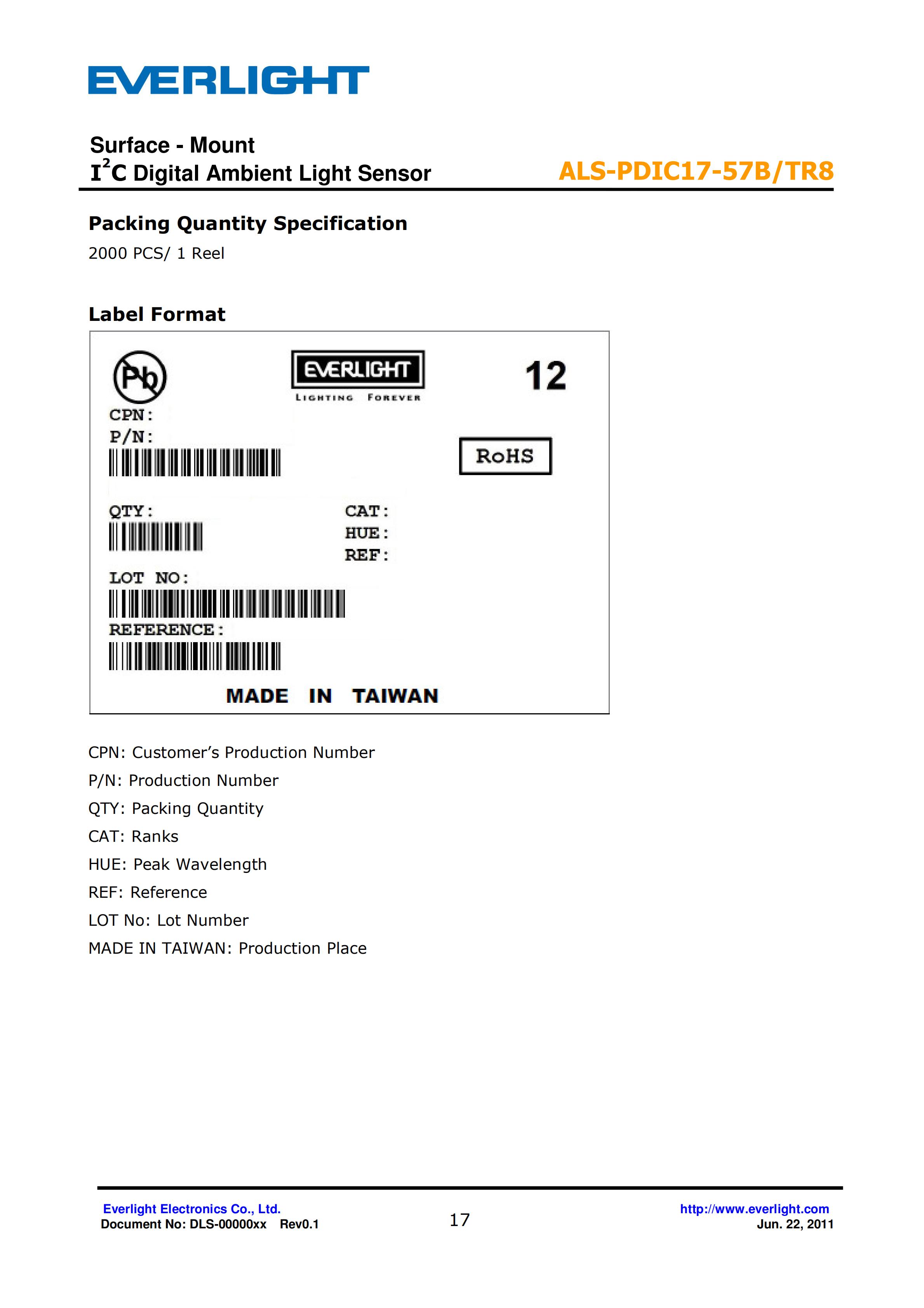 EVERLIGHT SMD 0805 AMBIENT LIGHT SENSOR ALS-PDIC17-57B/TR8 Datasheet