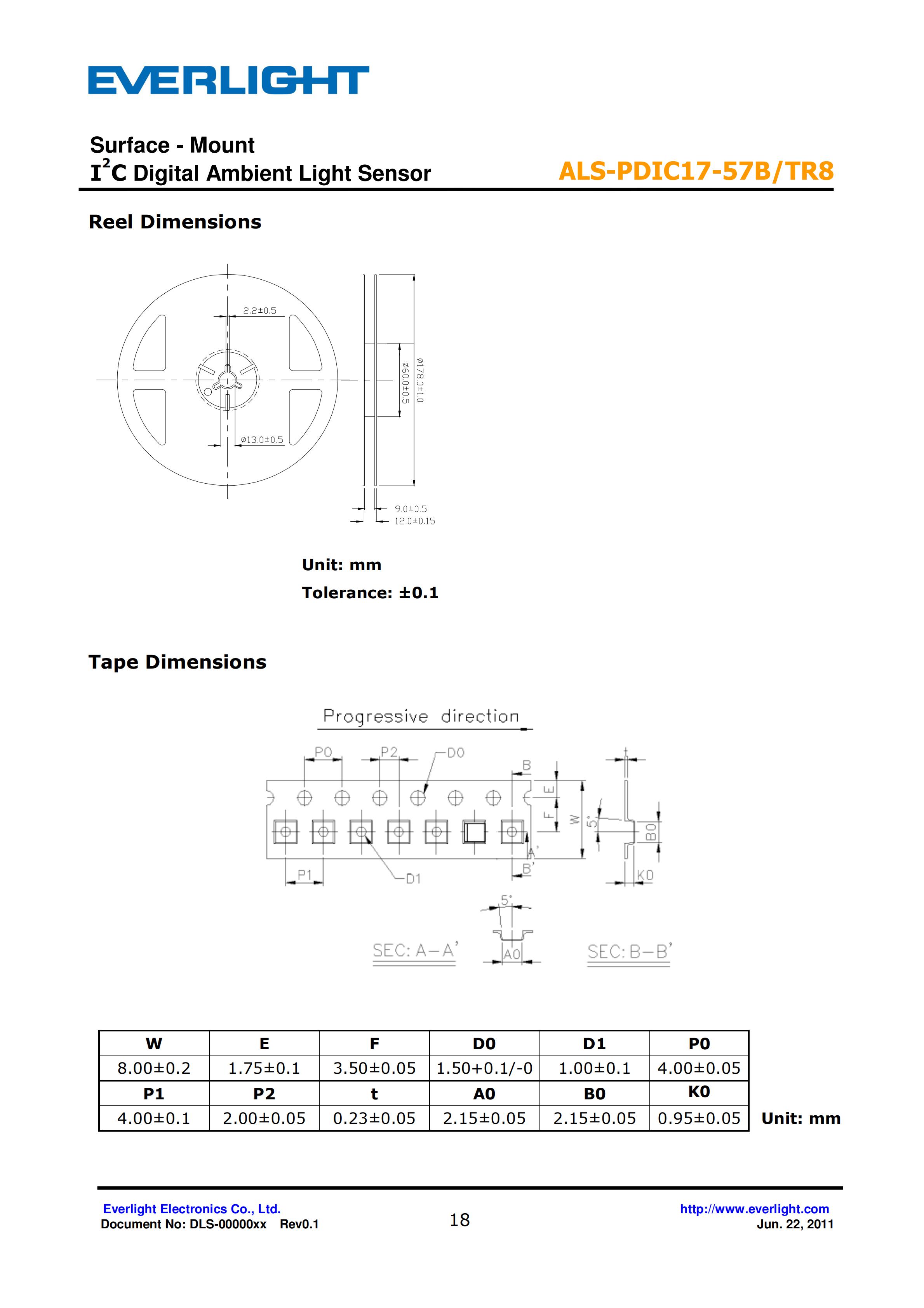 EVERLIGHT SMD 0805 AMBIENT LIGHT SENSOR ALS-PDIC17-57B/TR8 Datasheet