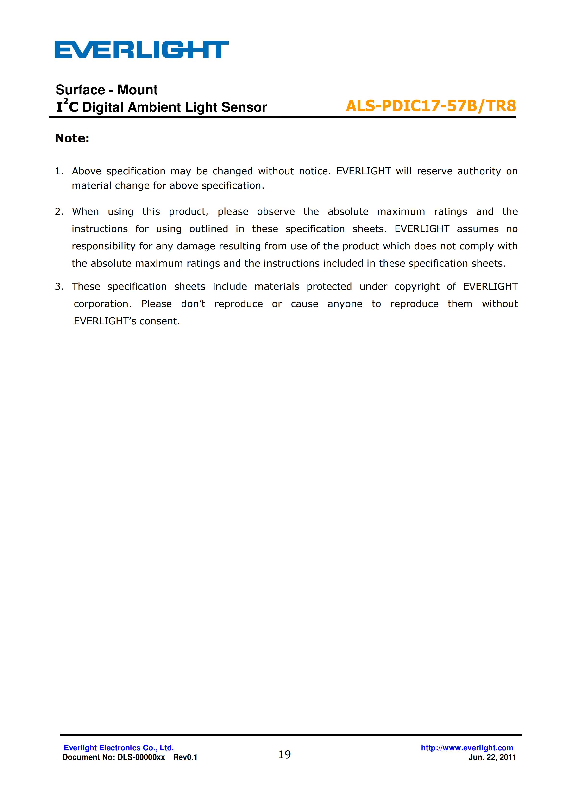 EVERLIGHT SMD 0805 AMBIENT LIGHT SENSOR ALS-PDIC17-57B/TR8 Datasheet