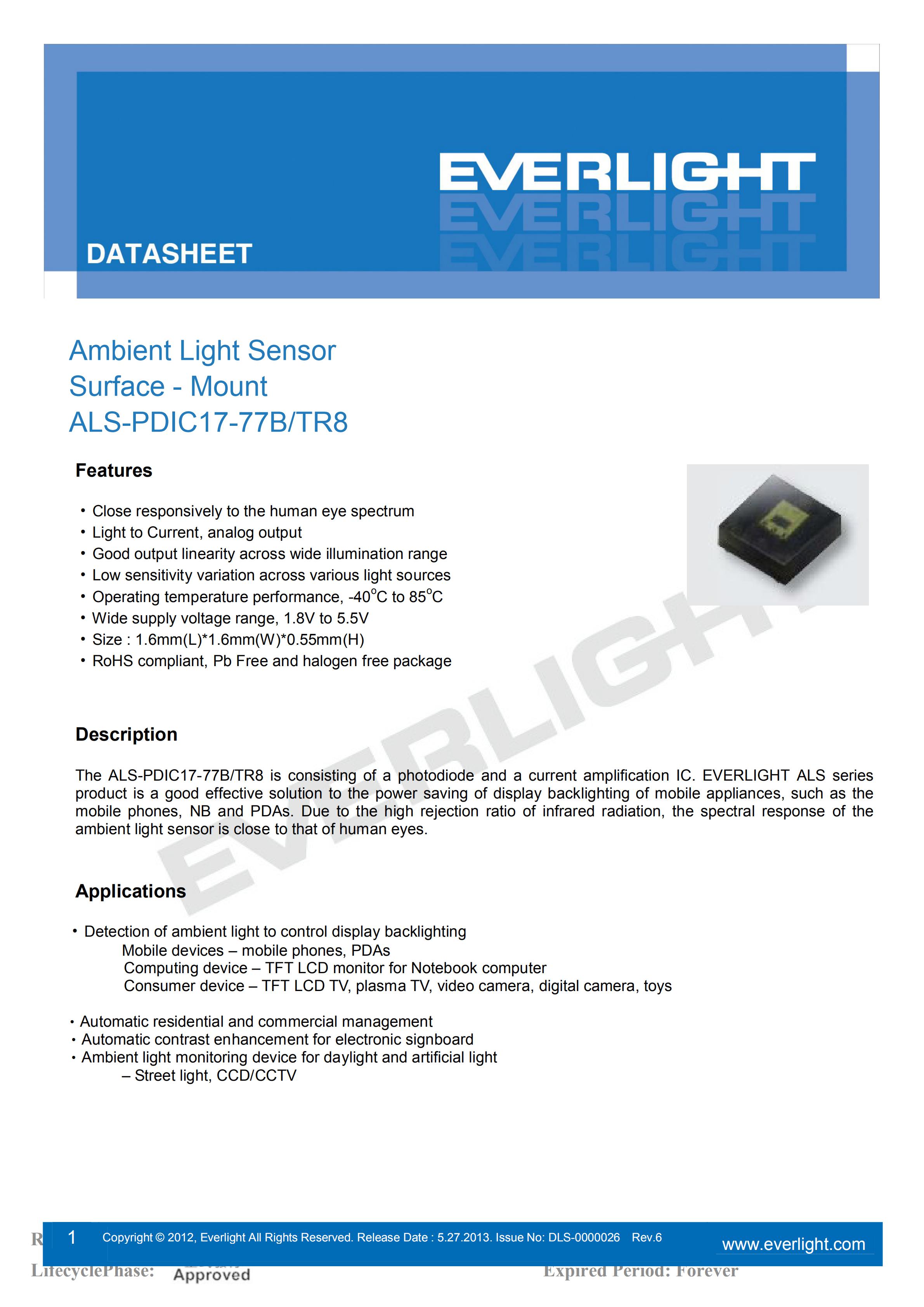 EVERLIGHT SMD 0805 AMBIENT LIGHT SENSOR ALS-PDIC17-77B/TR8 Datasheet