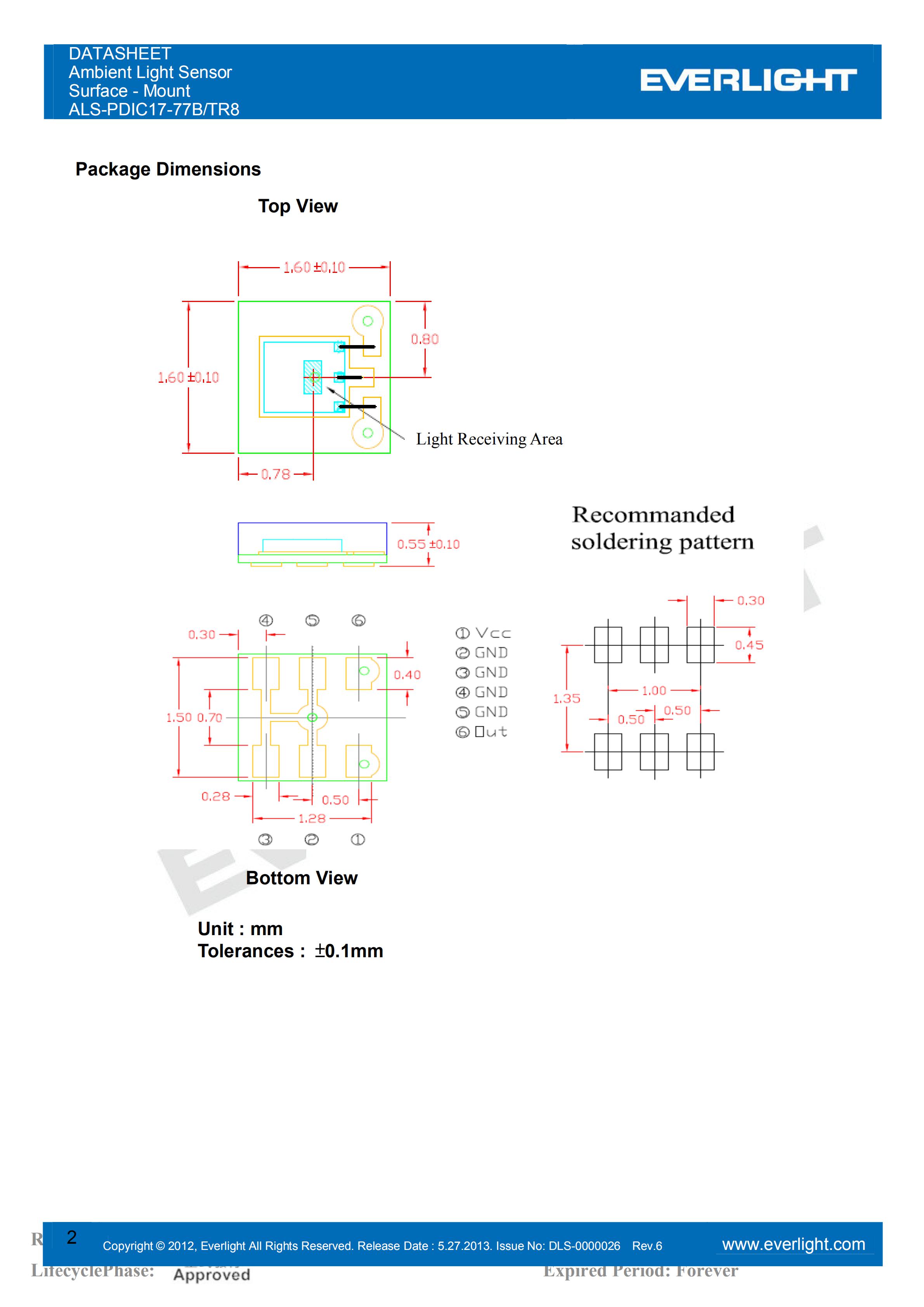 EVERLIGHT SMD 0805 AMBIENT LIGHT SENSOR ALS-PDIC17-77B/TR8 Datasheet