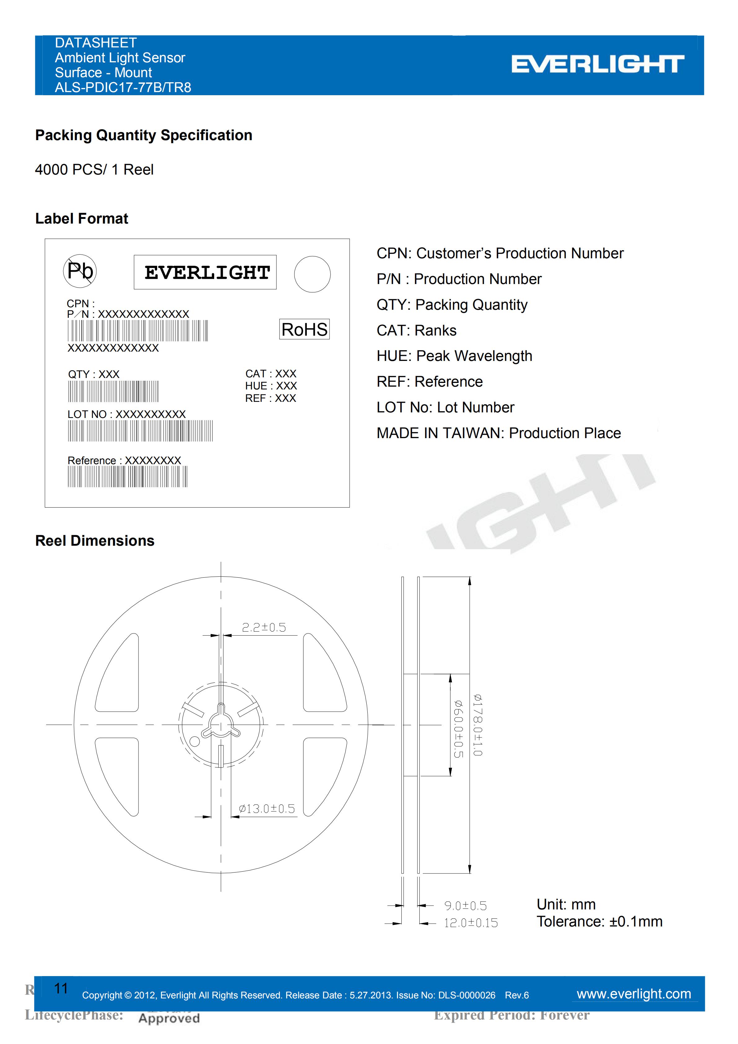 EVERLIGHT SMD 0805 AMBIENT LIGHT SENSOR ALS-PDIC17-77B/TR8 Datasheet