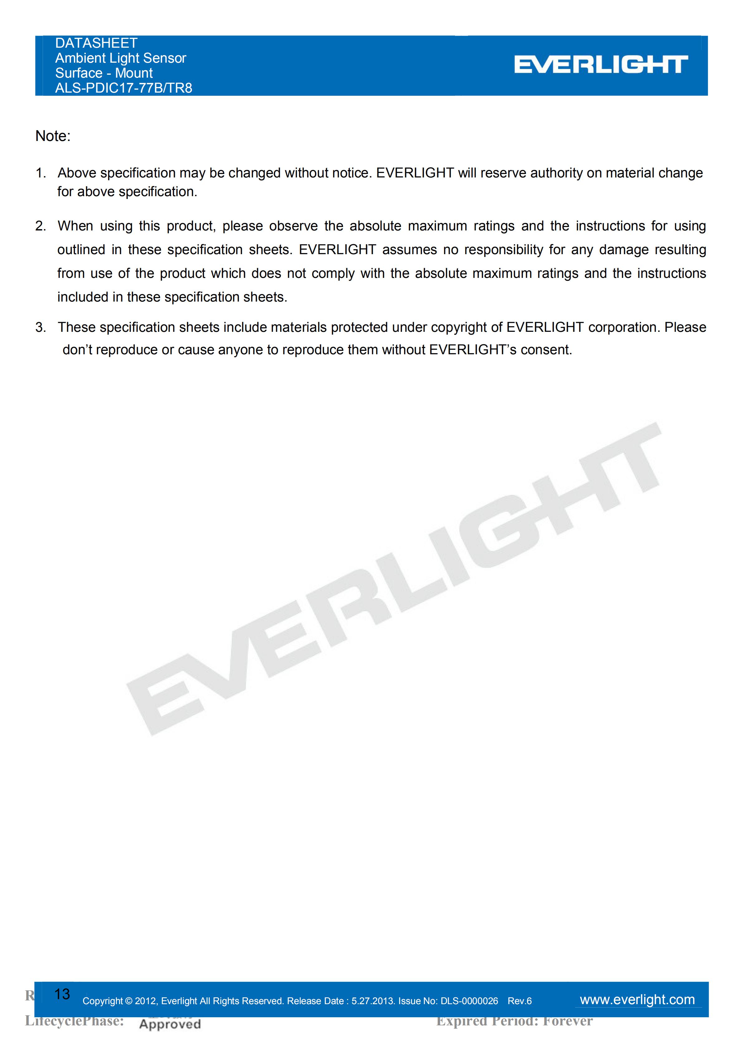 EVERLIGHT SMD 0805 AMBIENT LIGHT SENSOR ALS-PDIC17-77B/TR8 Datasheet