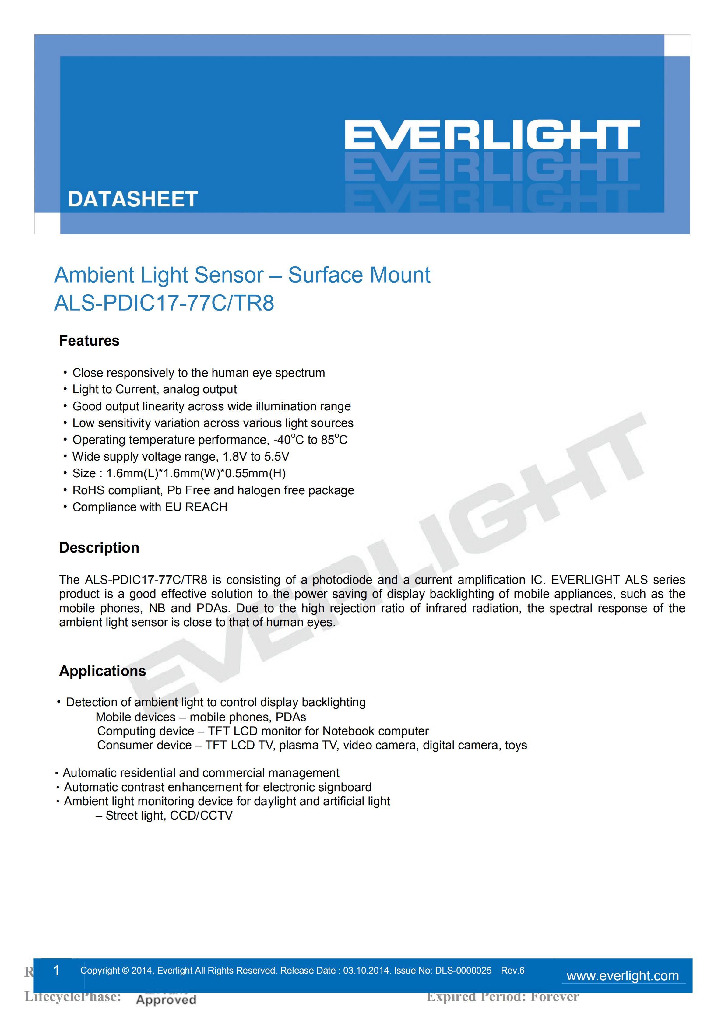 EVERLIGHT SMD 0805 AMBIENT LIGHT SENSOR ALS-PDIC17-77C/TR8 Datasheet