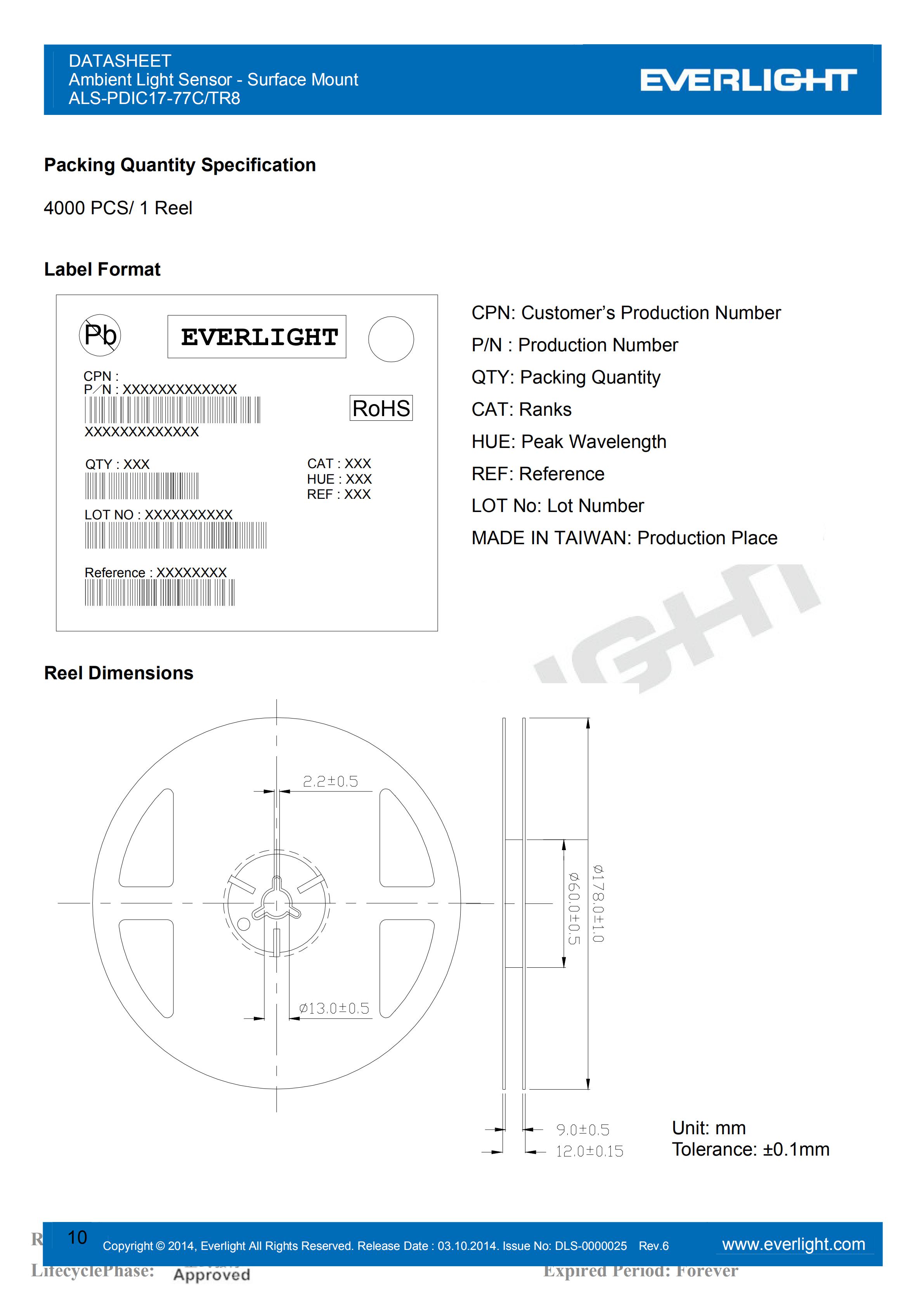 EVERLIGHT SMD 0805 AMBIENT LIGHT SENSOR ALS-PDIC17-77C/TR8 Datasheet