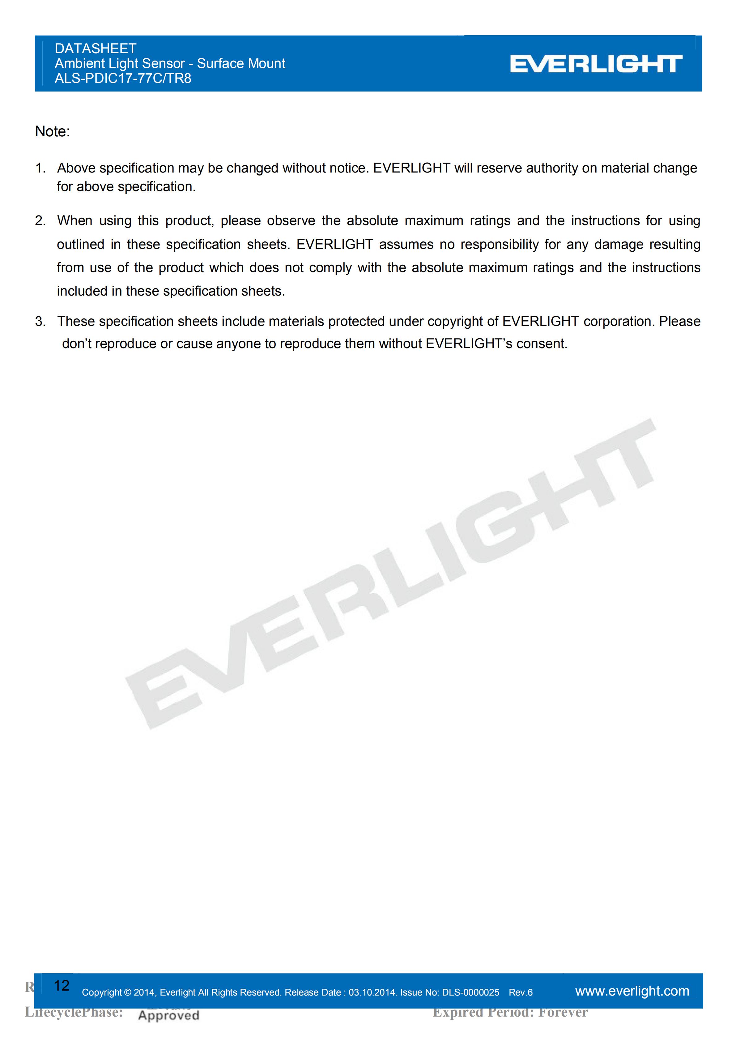 EVERLIGHT SMD 0805 AMBIENT LIGHT SENSOR ALS-PDIC17-77C/TR8 Datasheet