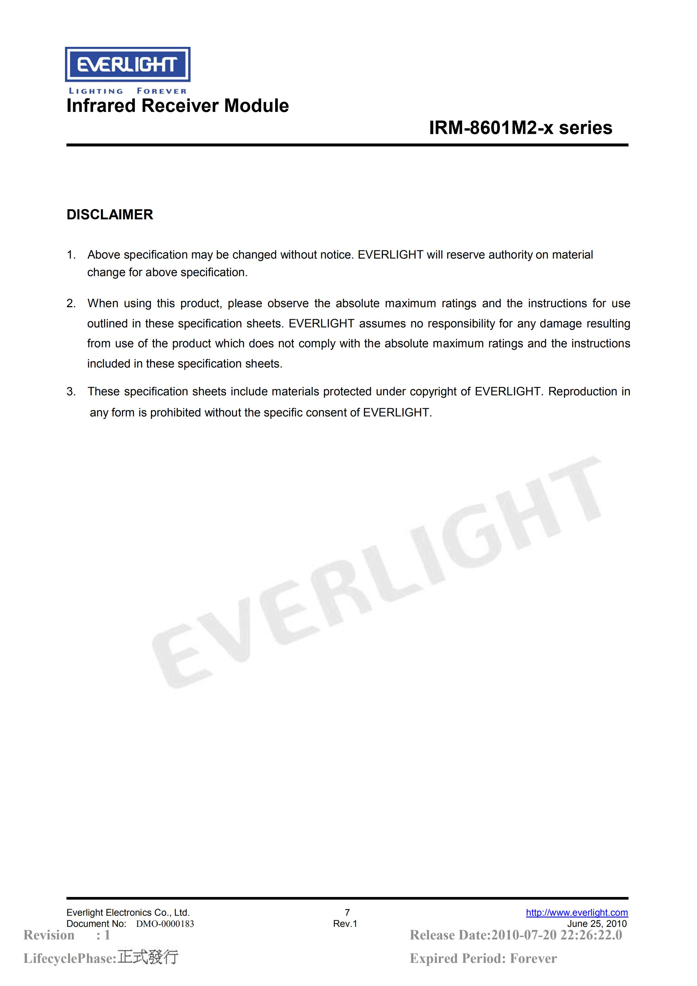 EVERLIGHT Infrared Receiver Module IRM-8601M2 38kHz Datasheet