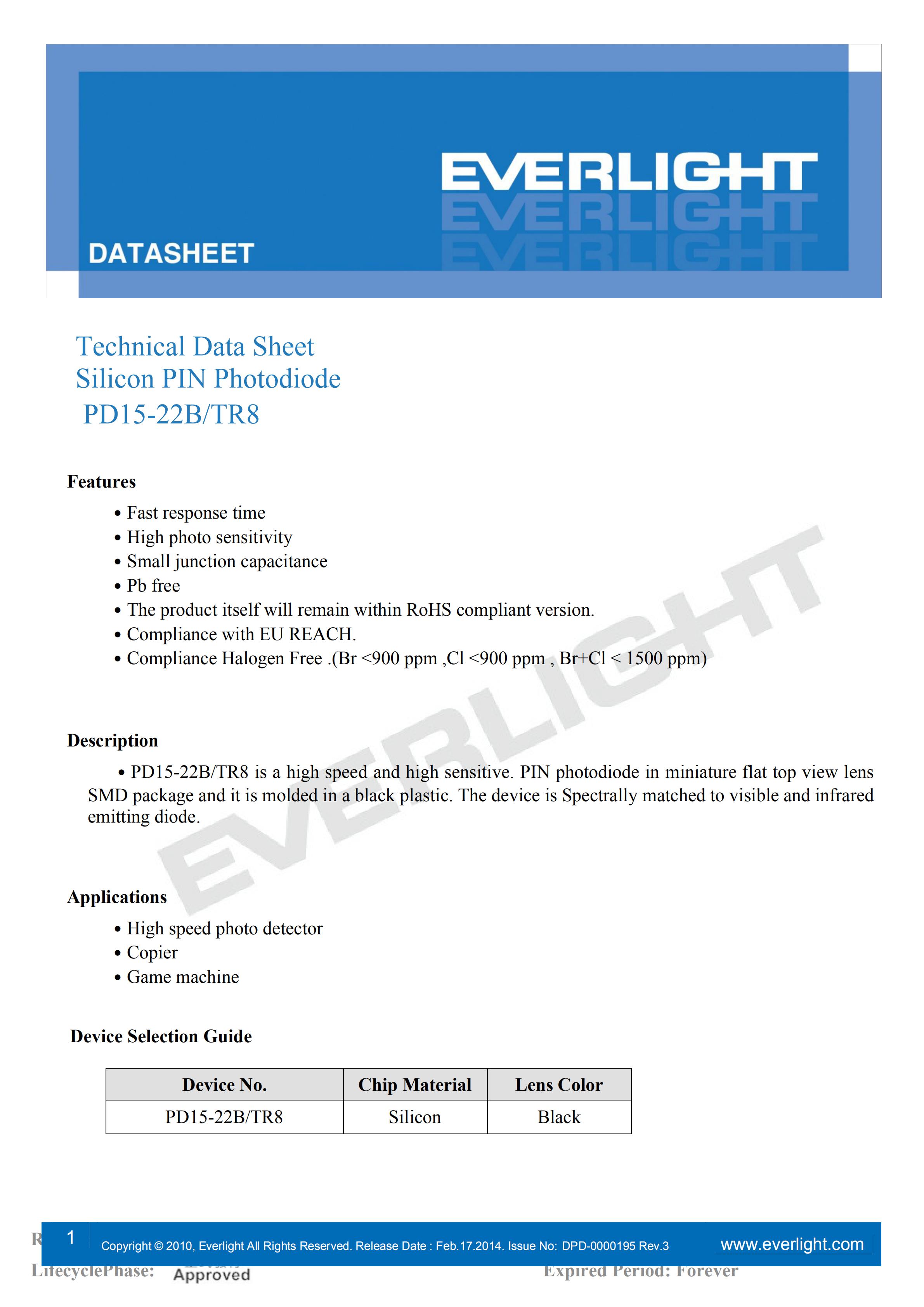 EVERLIGHT SMD PHOTO DIODE  PD15-22B/TR8 Datasheet