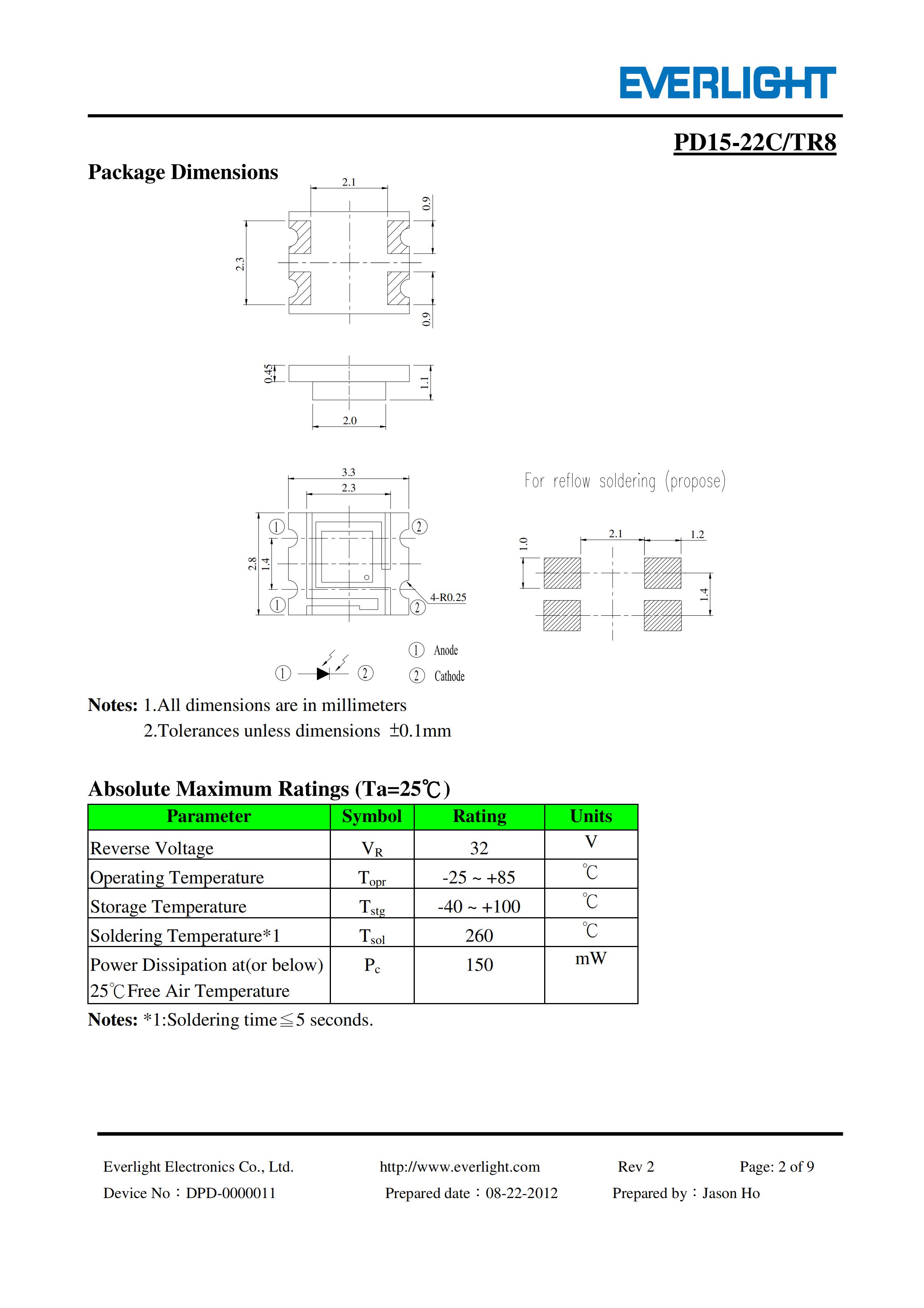 EVERLIGHT SMD PHOTO DIODE PD15-22C/TR8 Datasheet