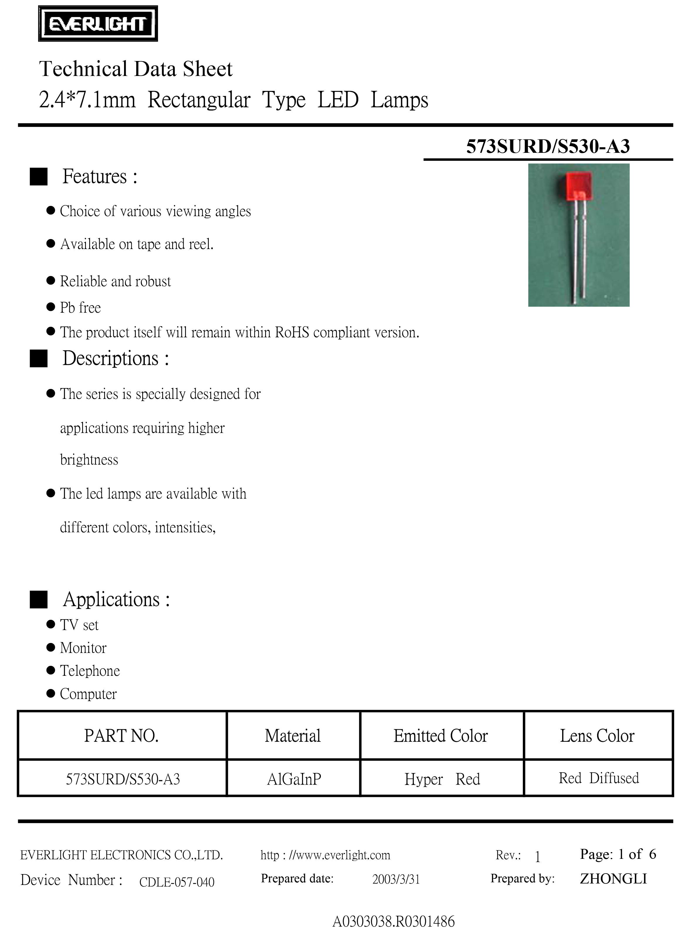 Everlight LED Lamp LED 573SURD-S530-A3 Datasheet