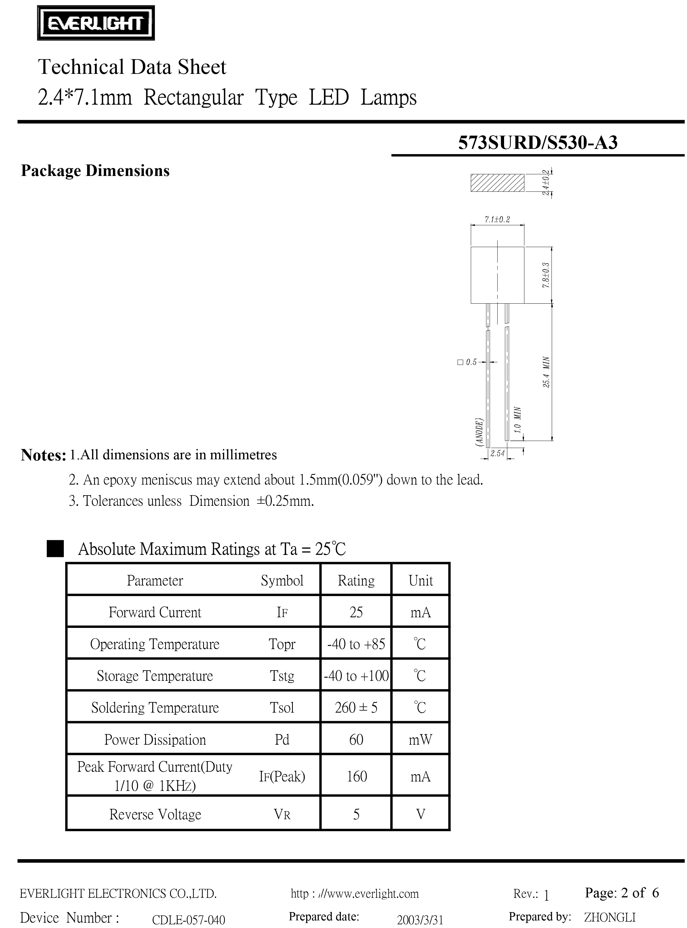 Everlight LED Lamp LED 573SURD-S530-A3 Datasheet