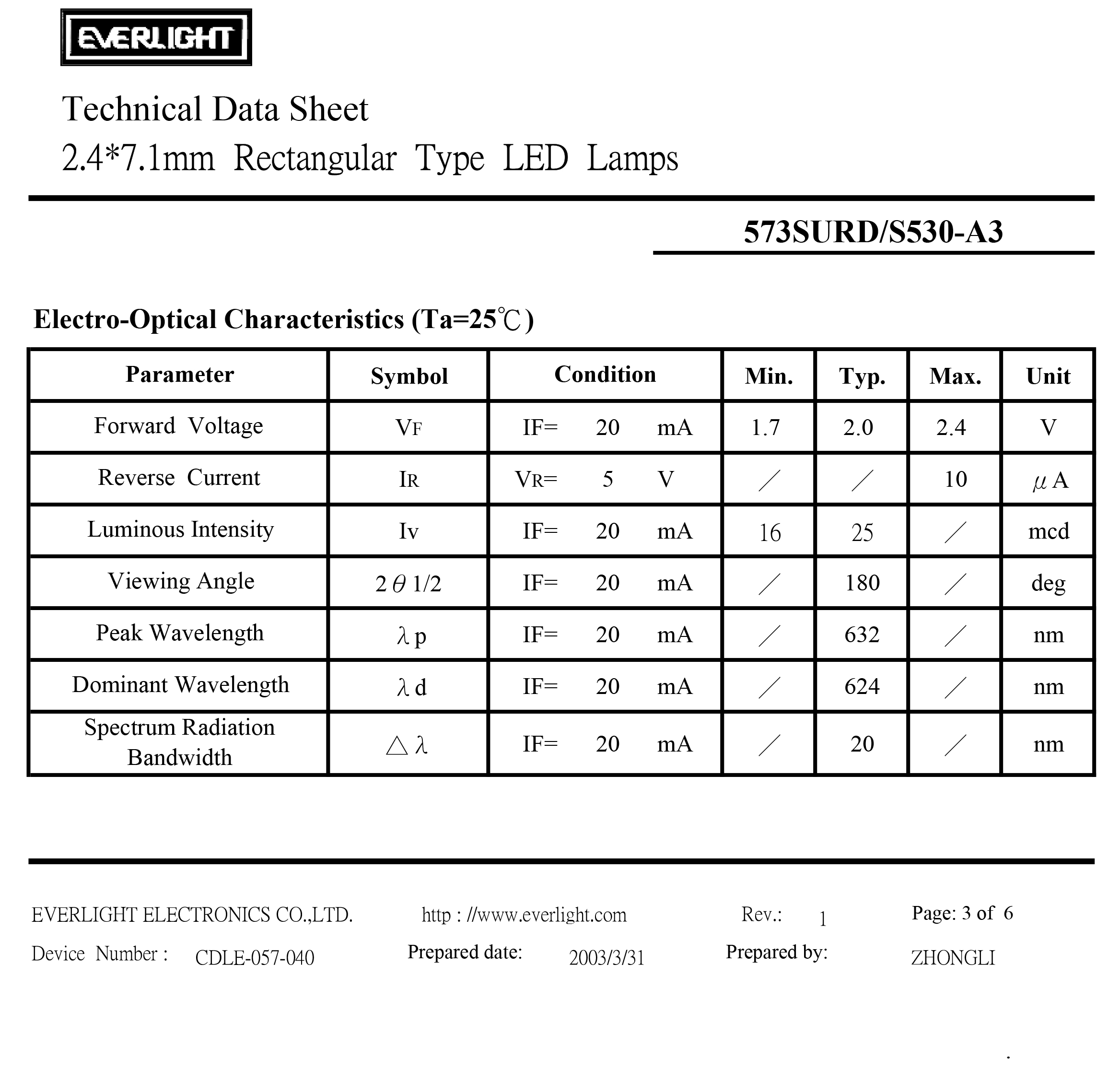 Everlight LED Lamp LED 573SURD-S530-A3 Datasheet