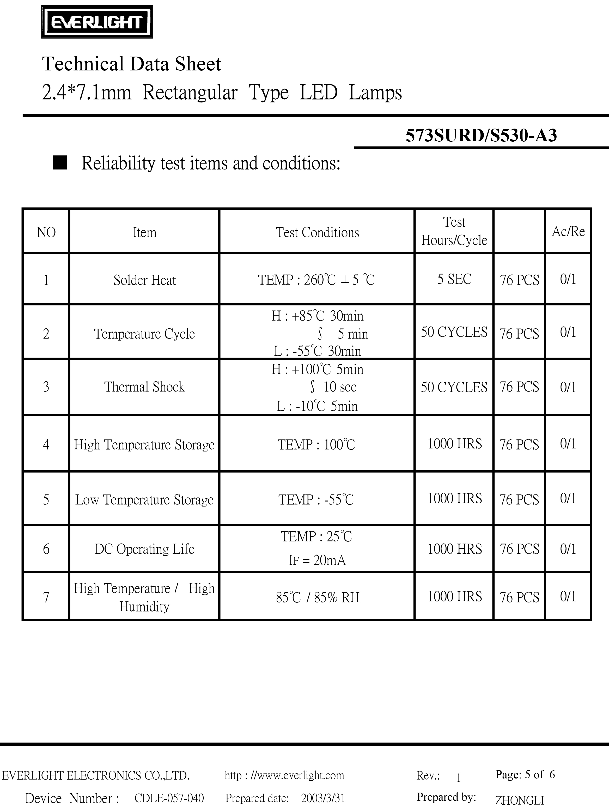 Everlight LED Lamp LED 573SURD-S530-A3 Datasheet