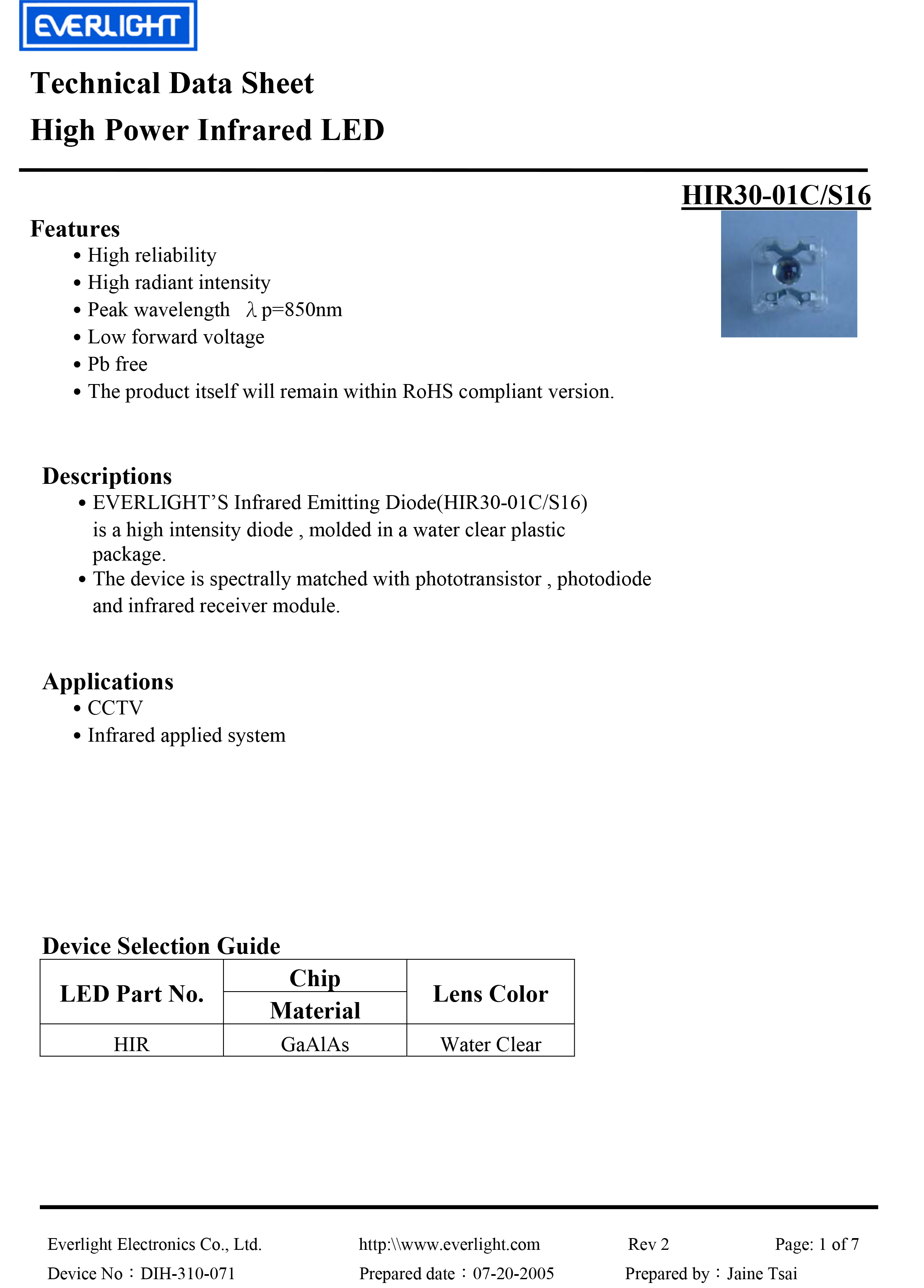 EVERLIGHT IR EMITTER HIR30-01C/S16 850nm Datasheet