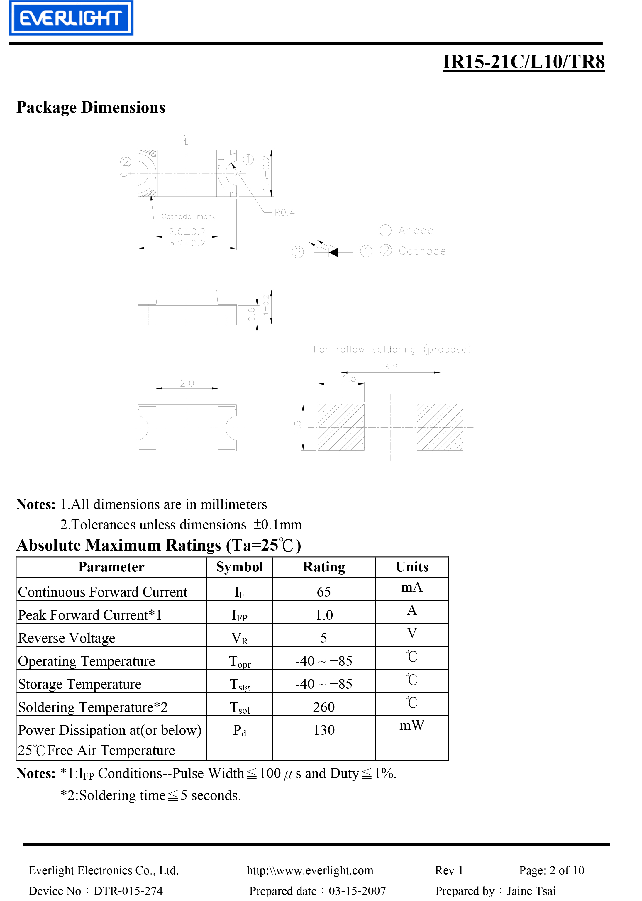 Everlight smd 1206 IR Emitter IR15-21C/L10/TR8 Datasheet