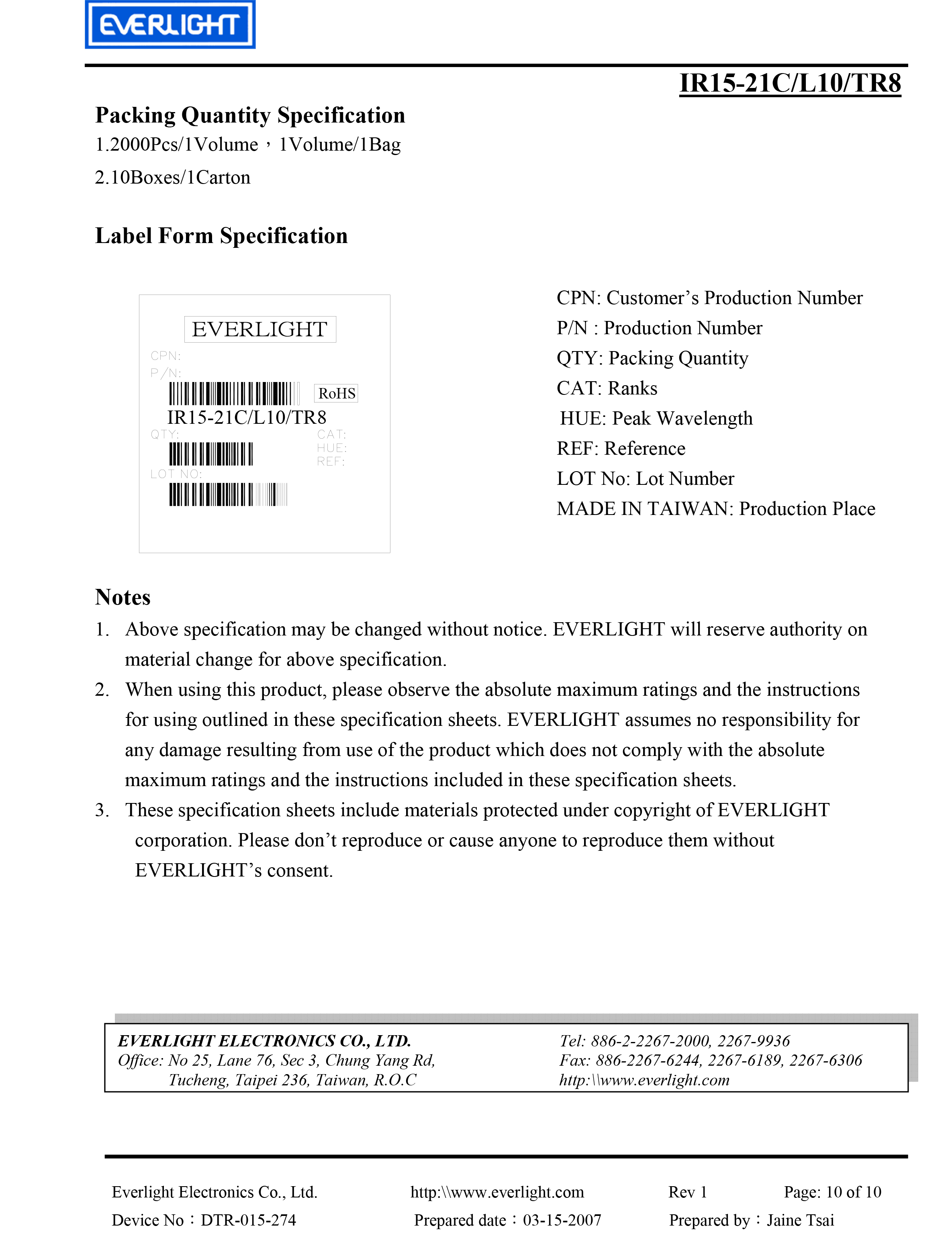 Everlight smd 1206 IR Emitter IR15-21C/L10/TR8 Datasheet