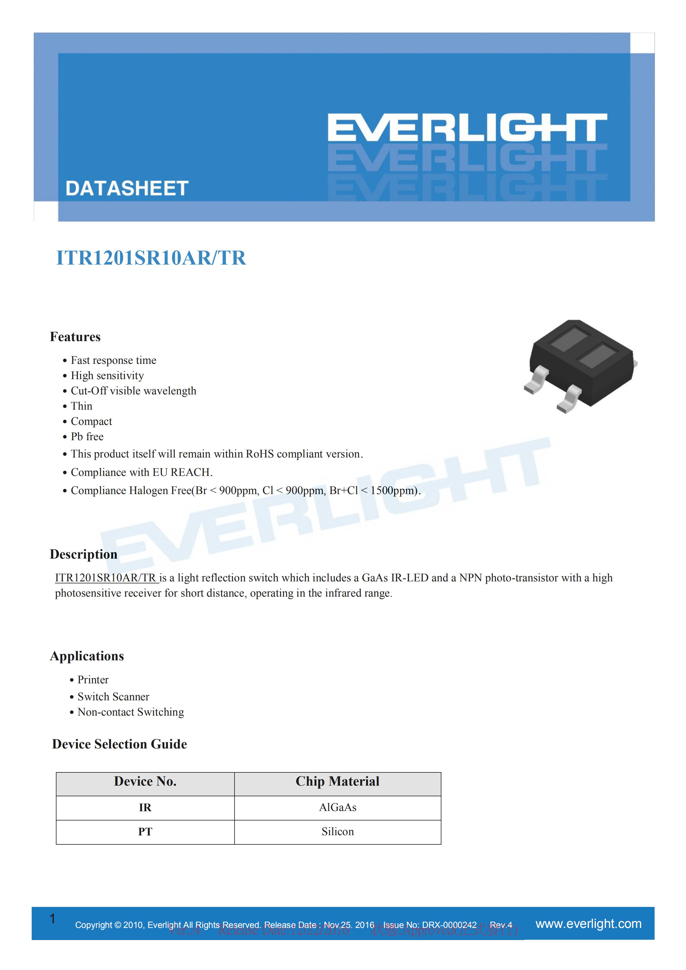 Everlight Optical Switch ITR1201SR10AR/TR Datasheet