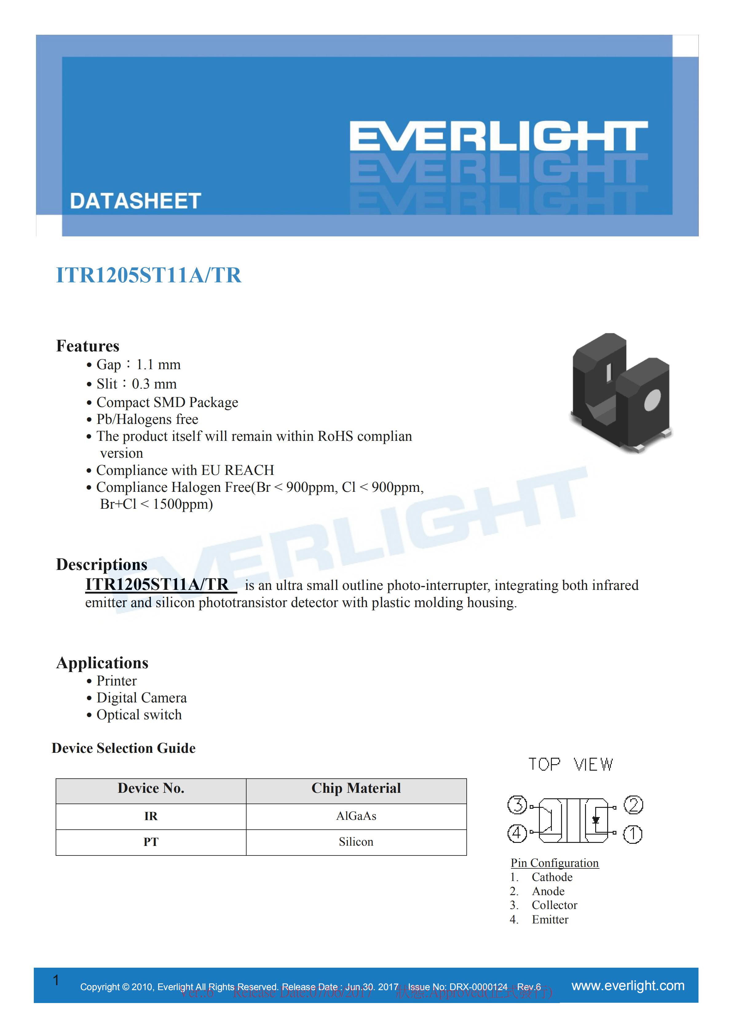 EVERLIGHT Optical Switch ITR1205ST11A/TR Opto Interrupter Datasheet