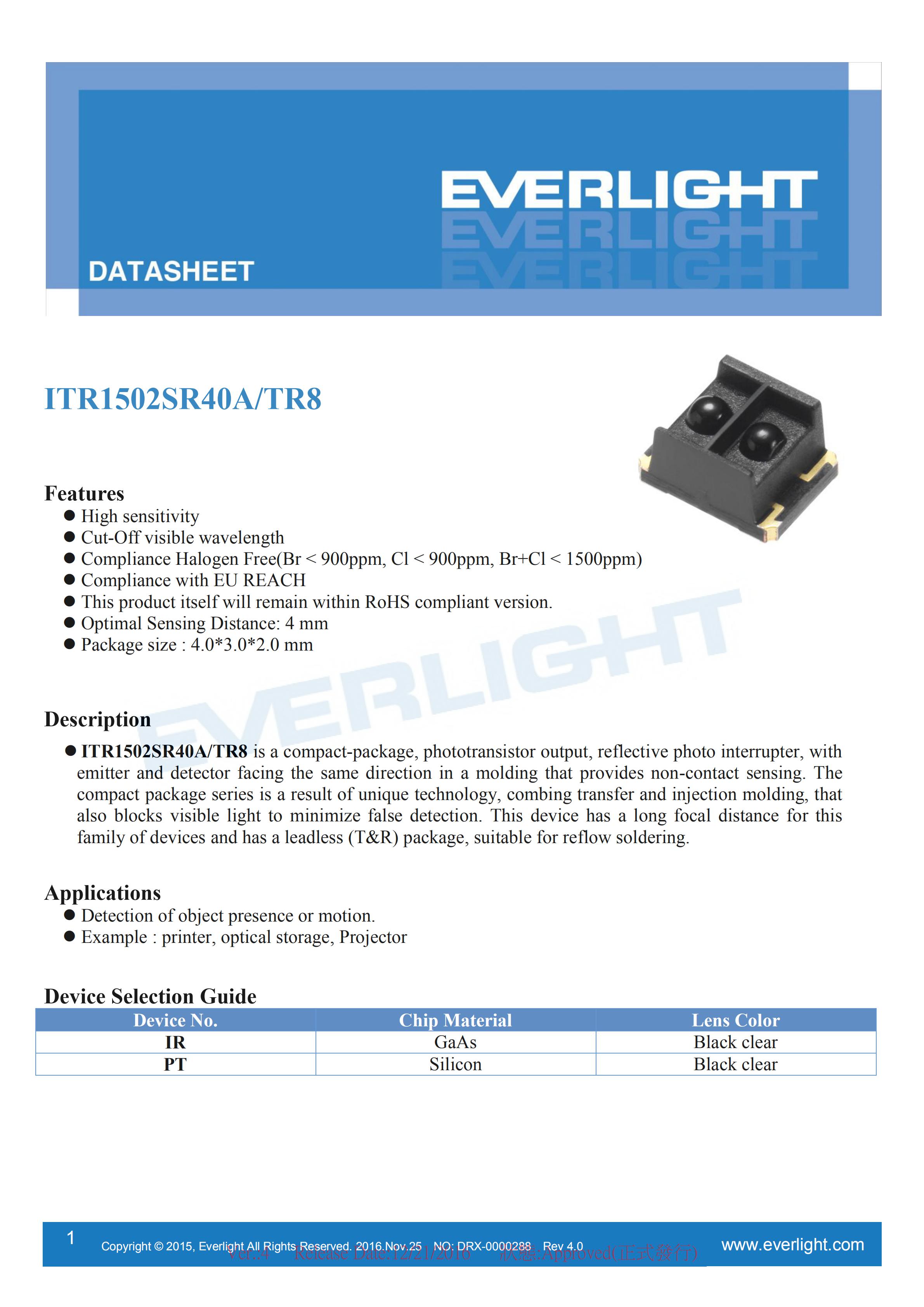EVERLIGHT ITR1502SR40A/TR8 Datasheet