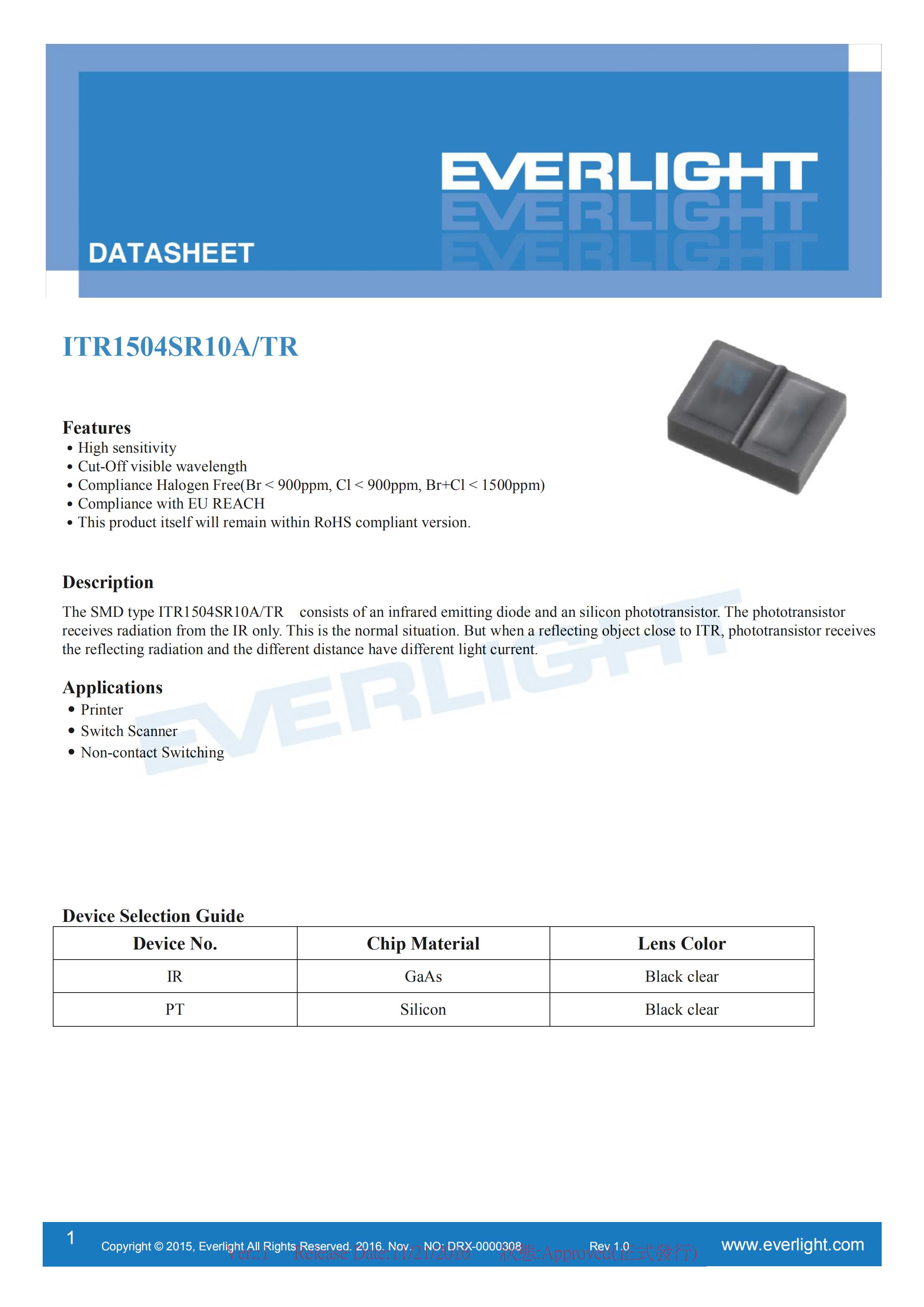EVERLIGHT Optical Switch ITR1504SR10A/TR Opto Interrupter Datasheet
