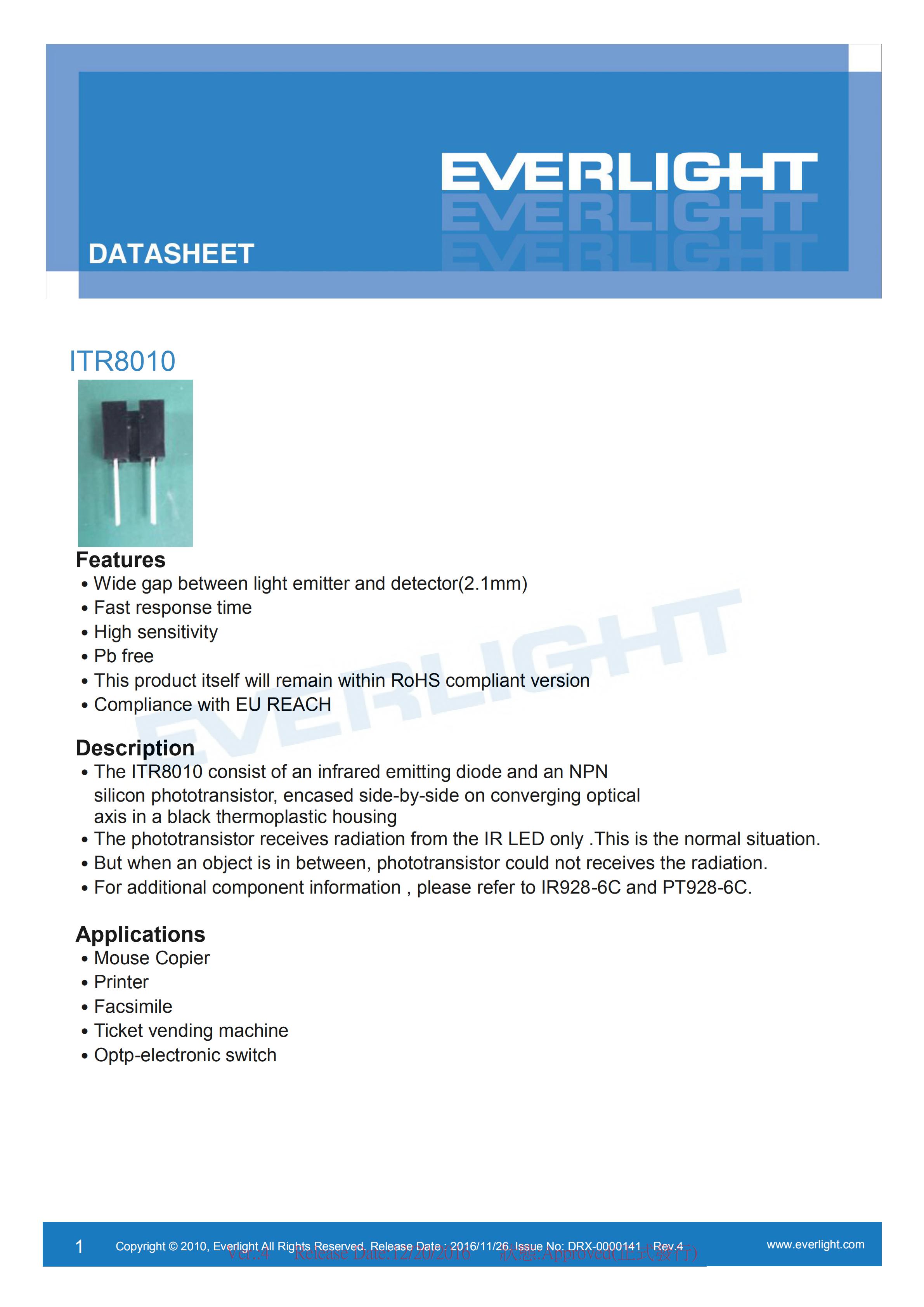 EVERLIGHT Optical Switch ITR8010 Datasheet