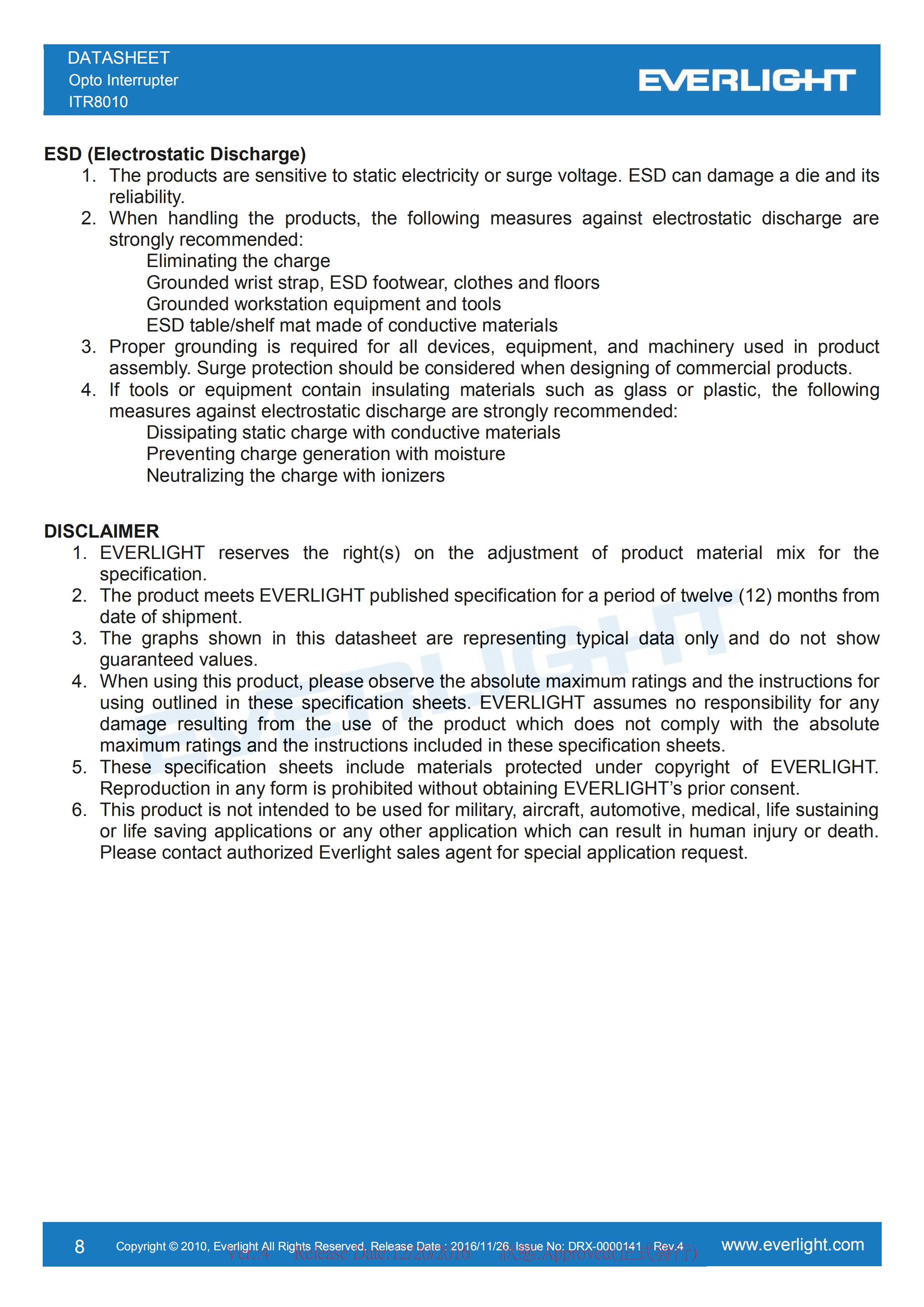 EVERLIGHT Optical Switch ITR8010 Datasheet