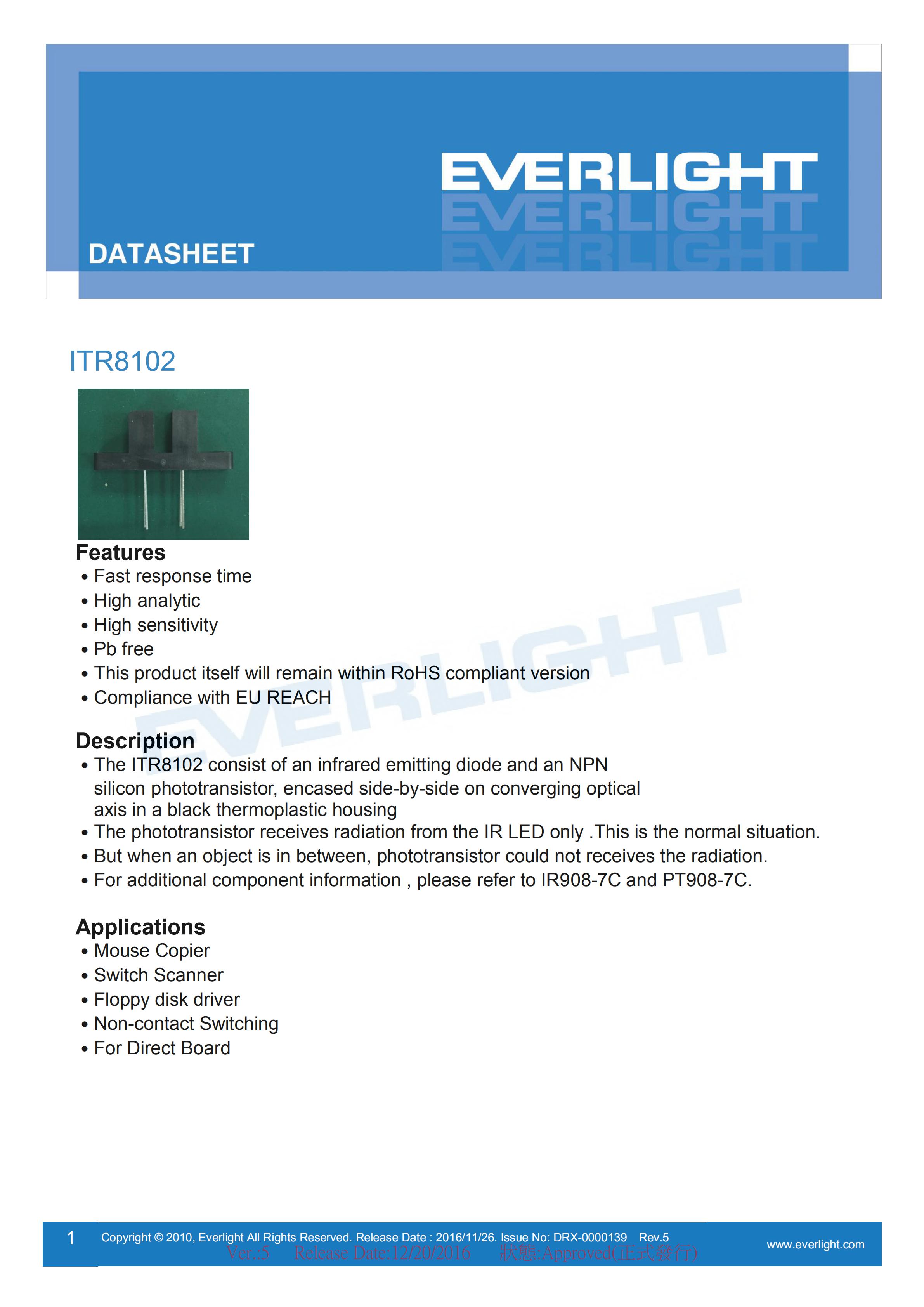 EVERLIGHT Optical Switch ITR8102 Opto Interrupter Datasheet