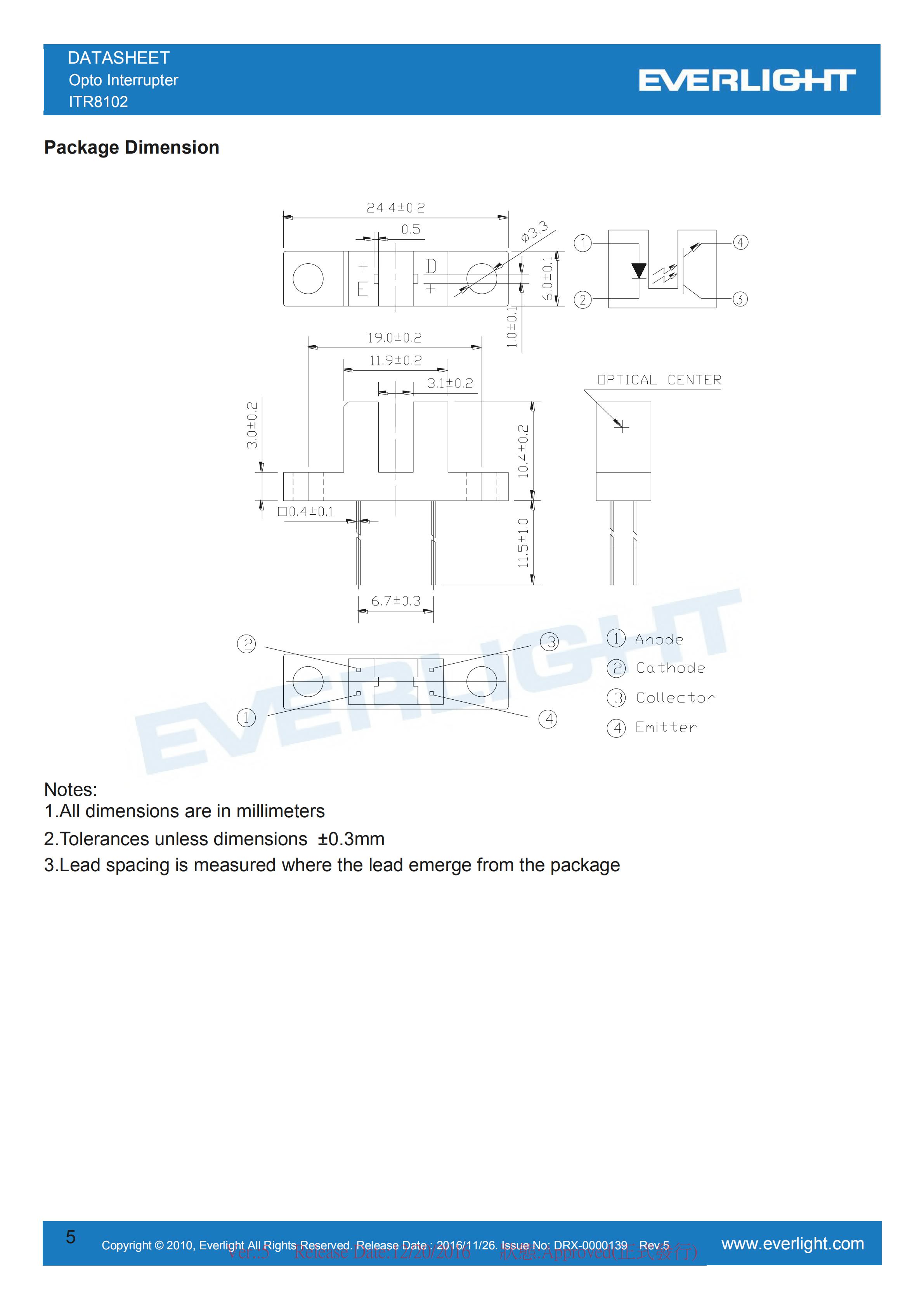 EVERLIGHT Optical Switch ITR8102 Opto Interrupter Datasheet