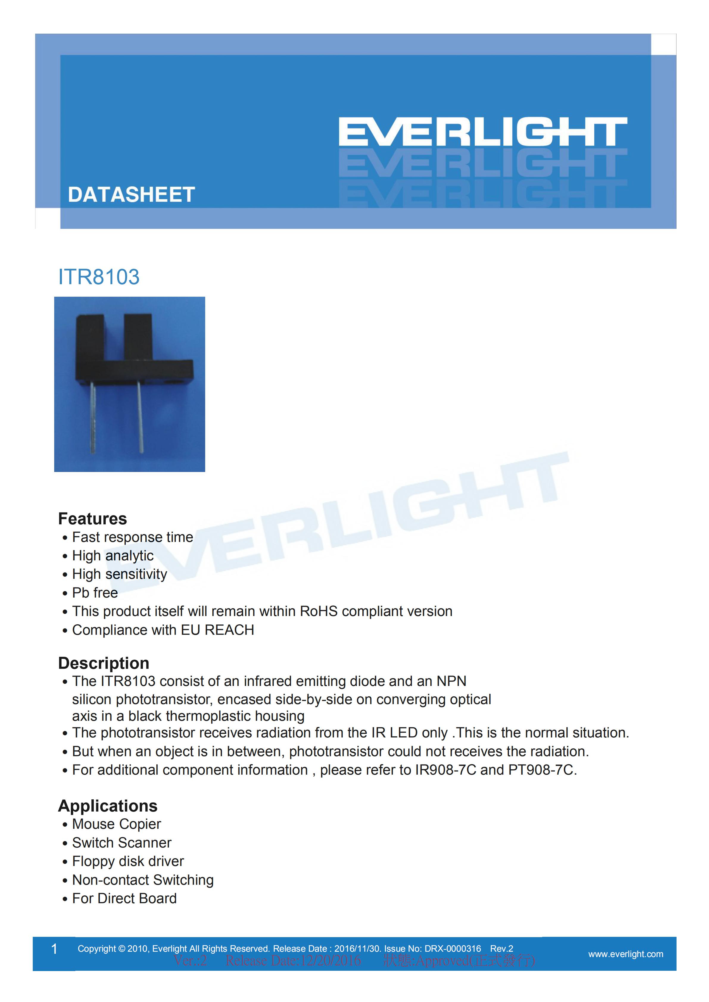 EVERLIGHT Optical Switch ITR8103 Opto Interrupter Datasheet