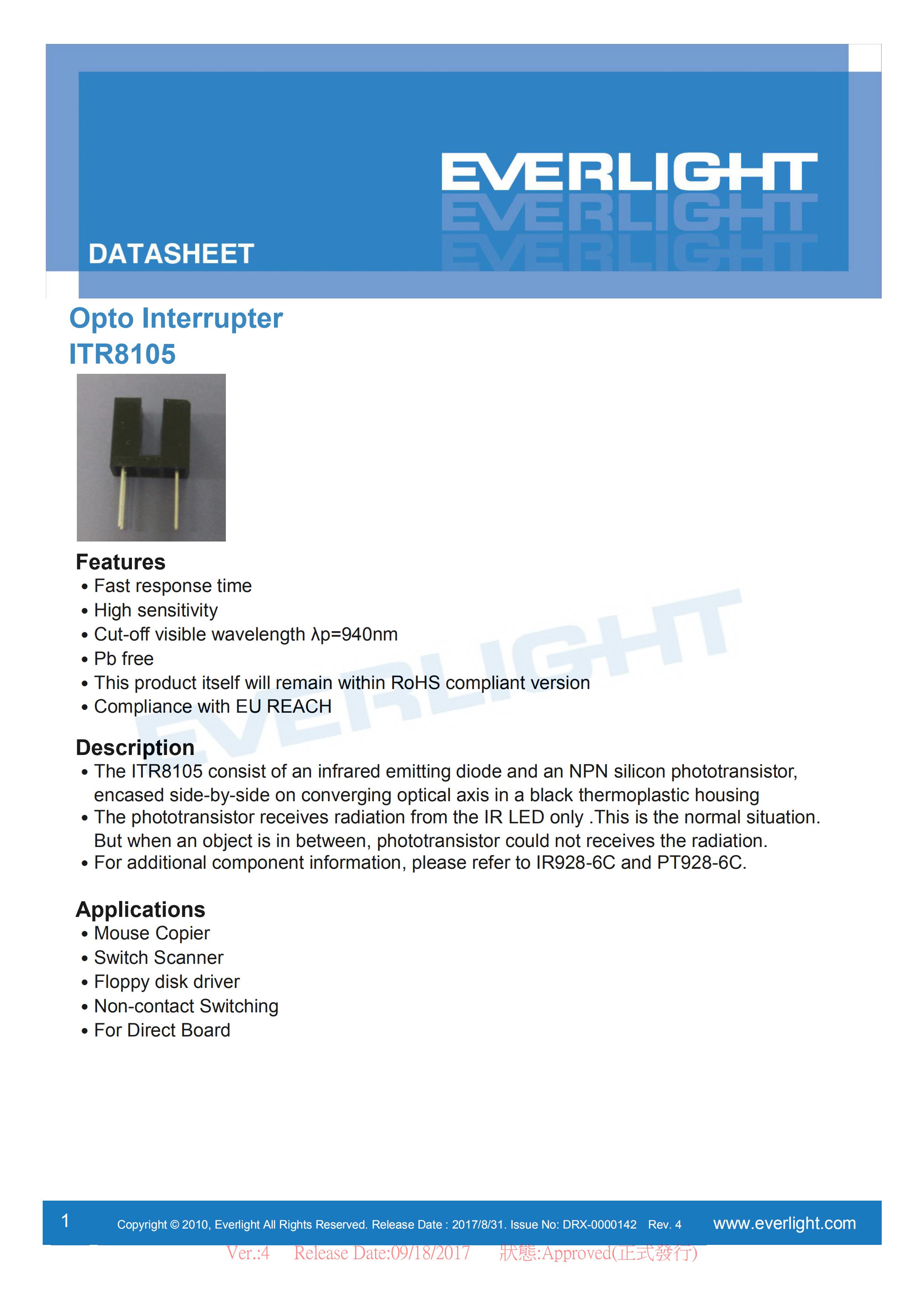 EVERLIGHT Optical Switch Opto Interrupter ITR8105 Datasheet