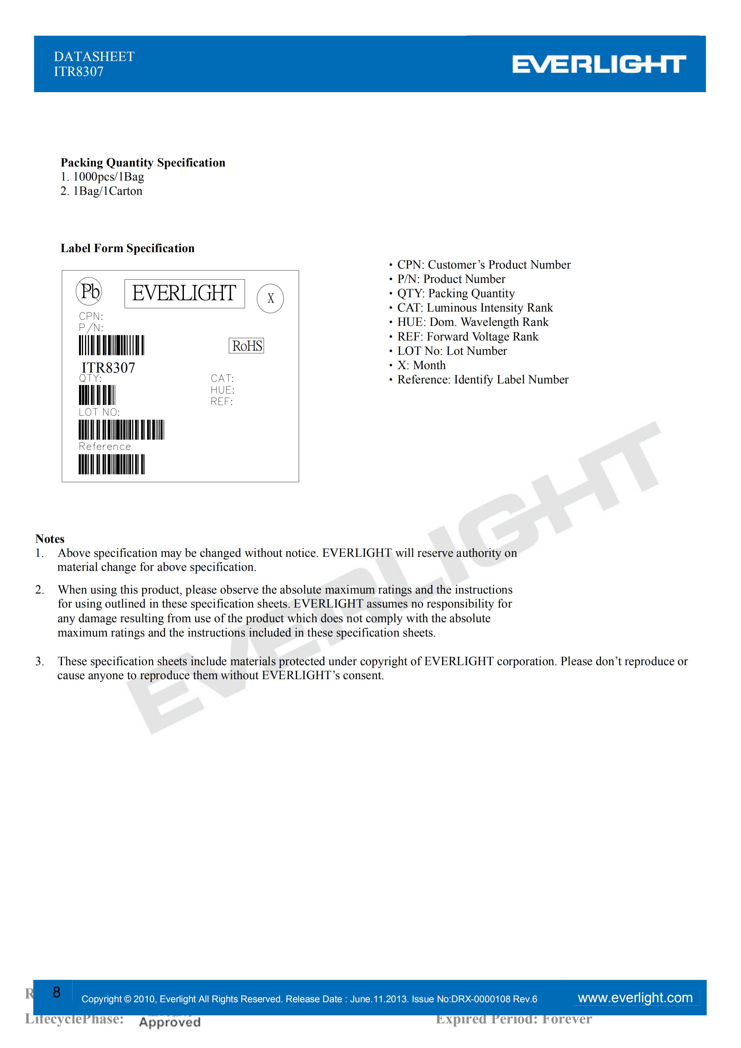 EVERLIGHT Optical Switch ITR8307 Opto Interrupter Datasheet