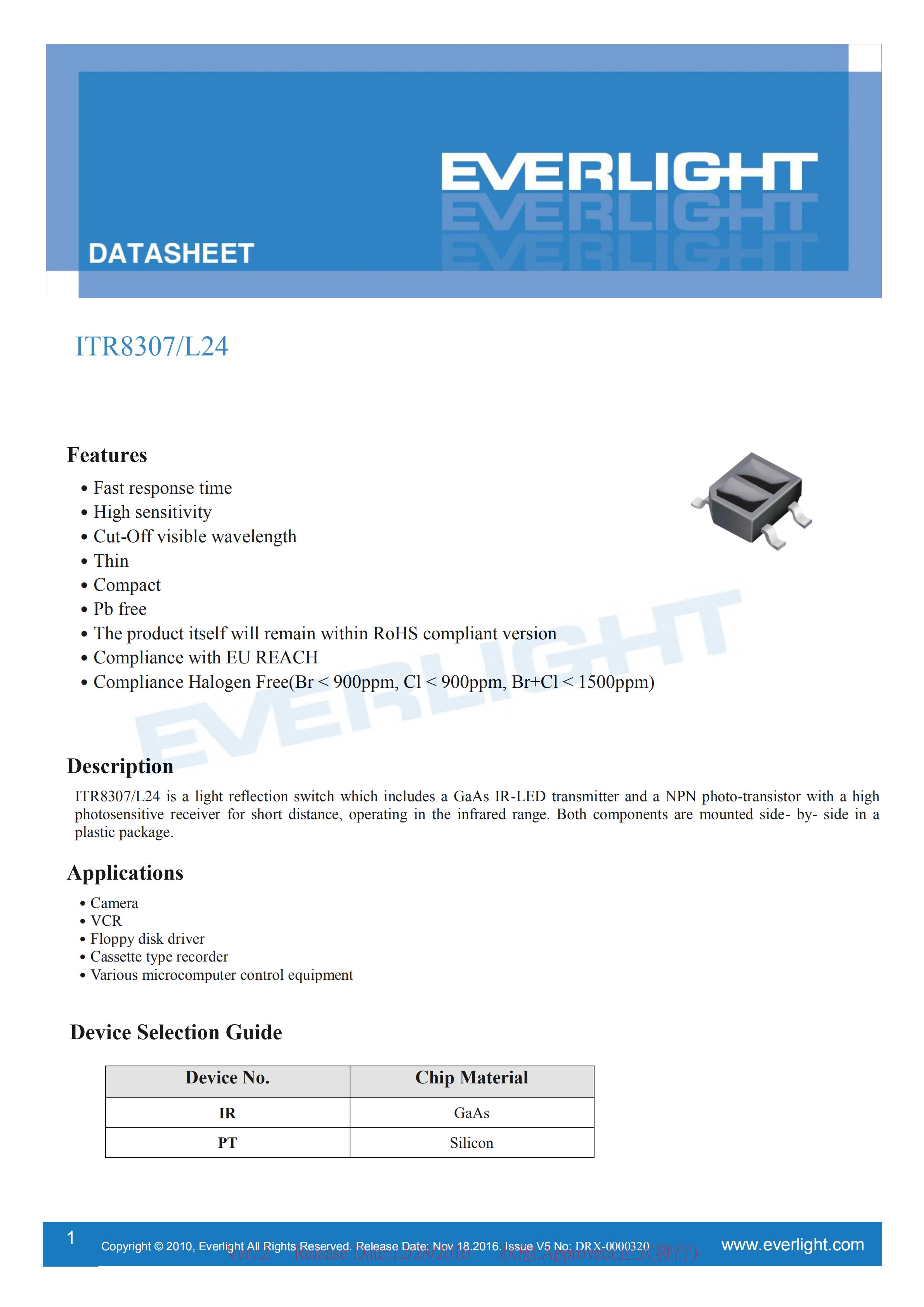 EVERLIGHT Optical Switch ITR8307-L24 Opto Interrupter Datasheet