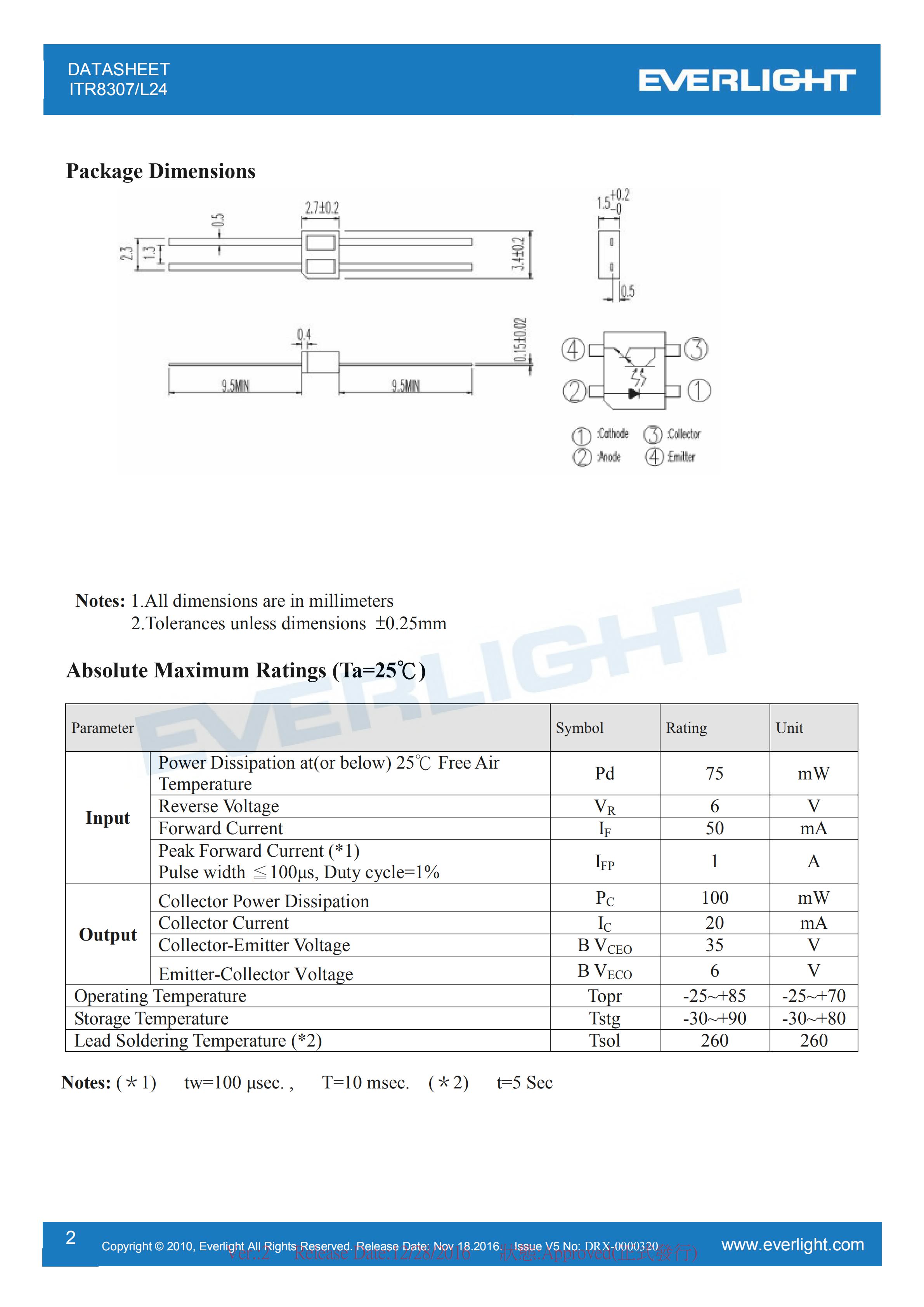 EVERLIGHT Optical Switch ITR8307-L24 Opto Interrupter Datasheet