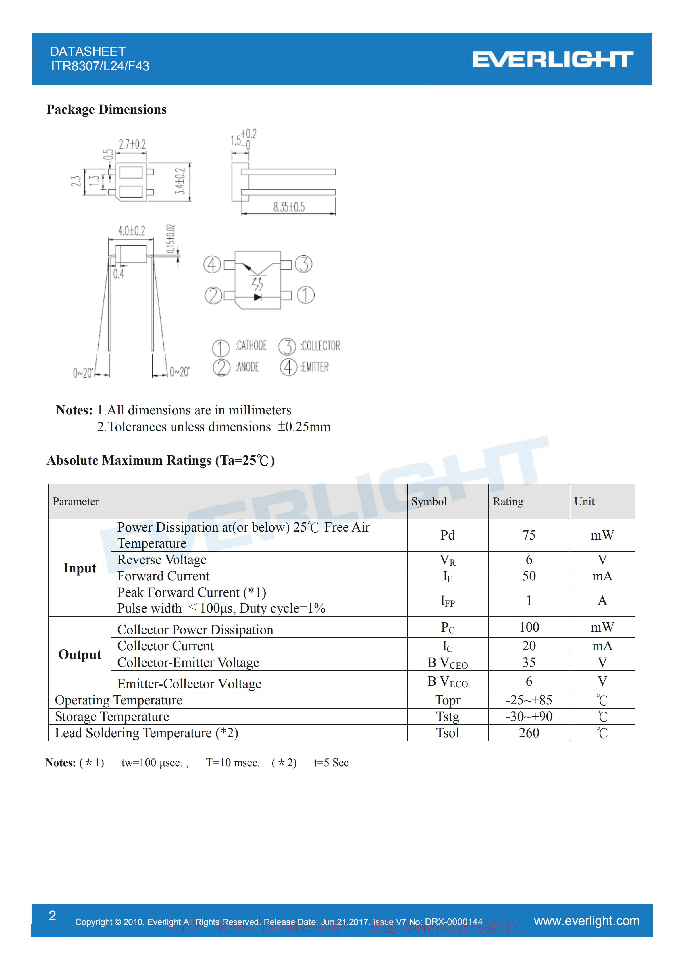 EVERLIGHT Optical Switch ITR8307/L24/F43 Optical Sensor Datasheet